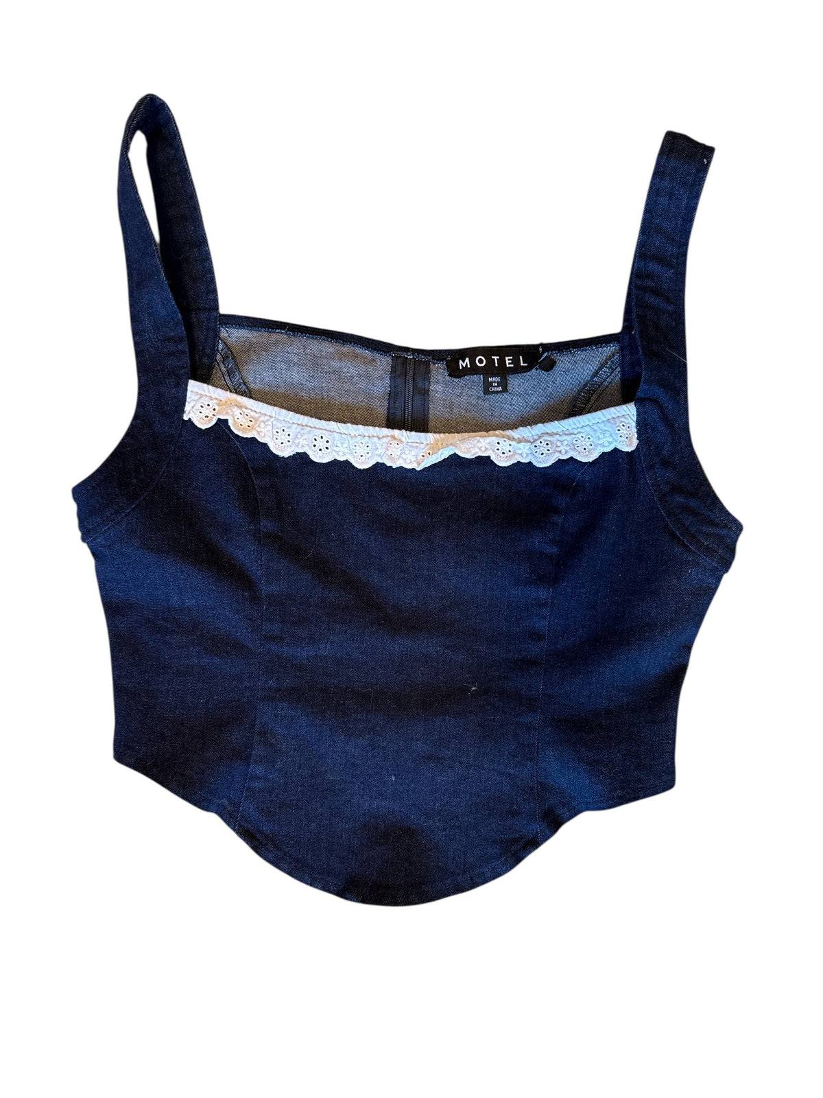 blue white motel denim square neck tank w eyelet trim, s