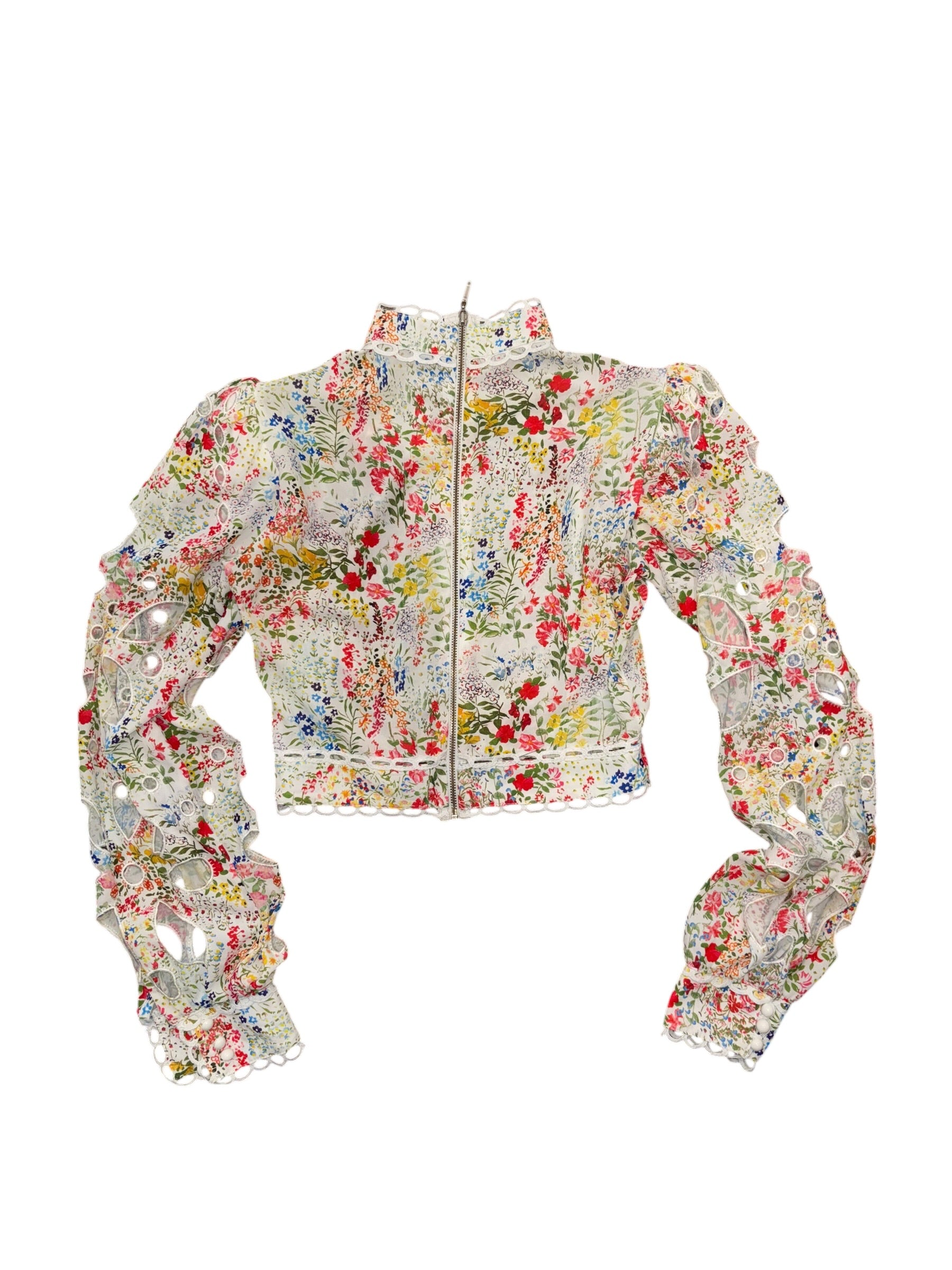 White blue yellow pink Aisa Floral eyelet puff sleeve blouse, Eu 34