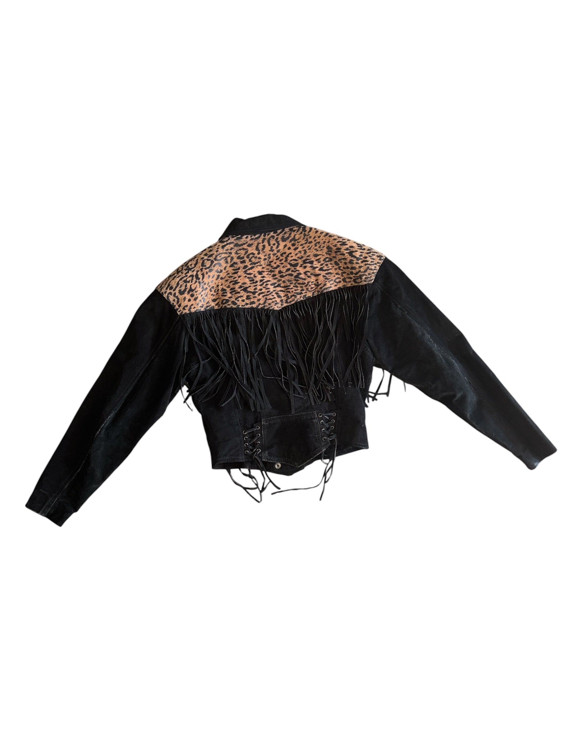 black brown chia vtg suede fringe cheetah jacket, s