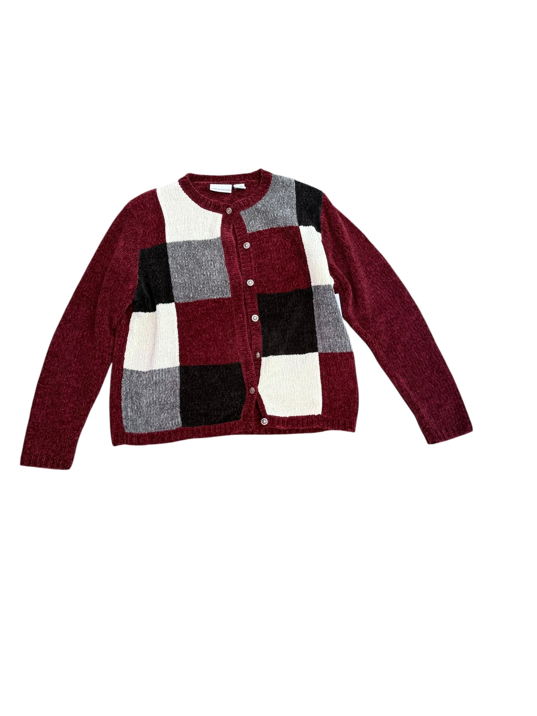 maroon white gray croft &barrow chenille square cardigan, m