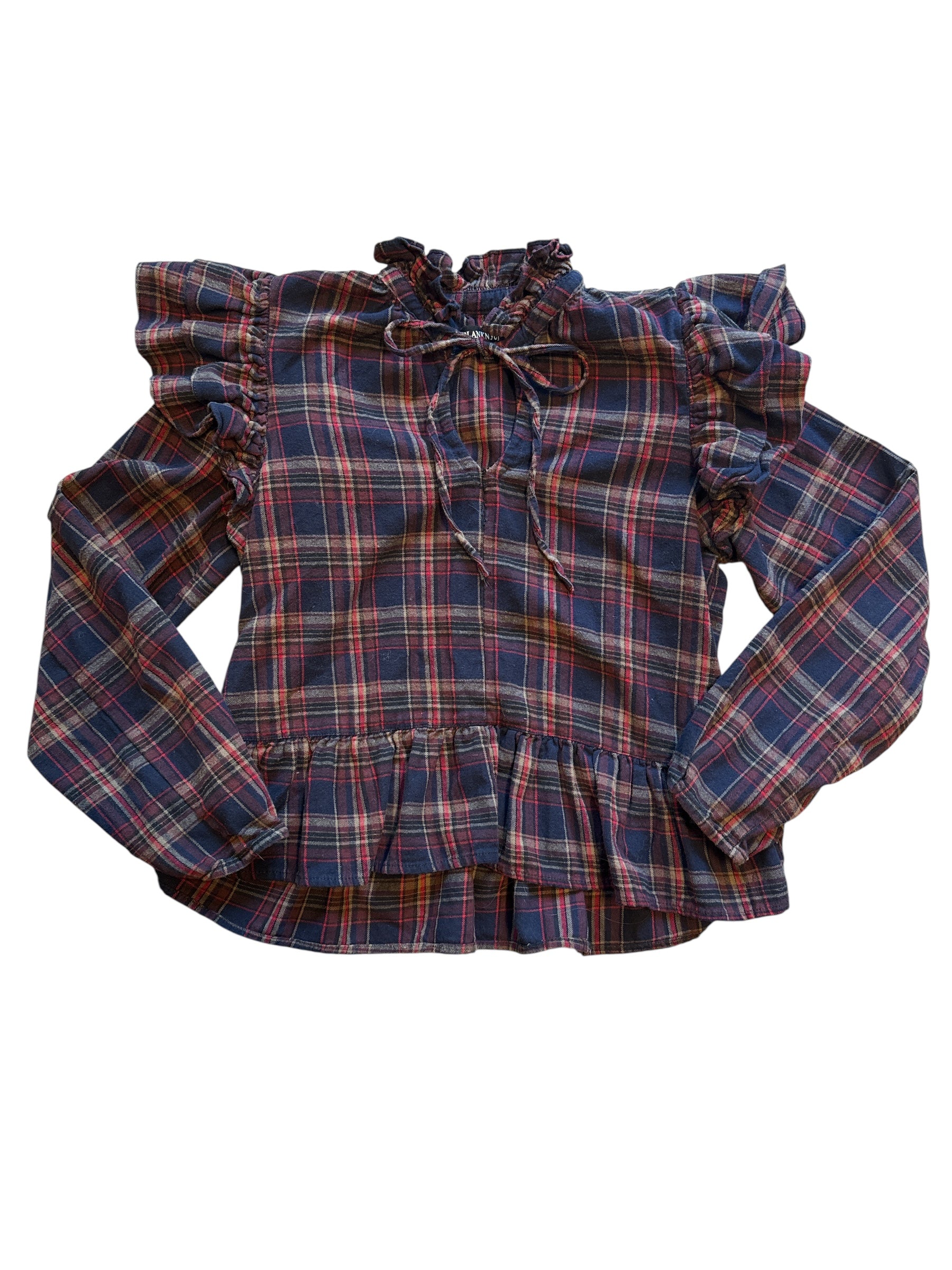 navy red blanknyc plaid ruffle collar sleeve blouse, s
