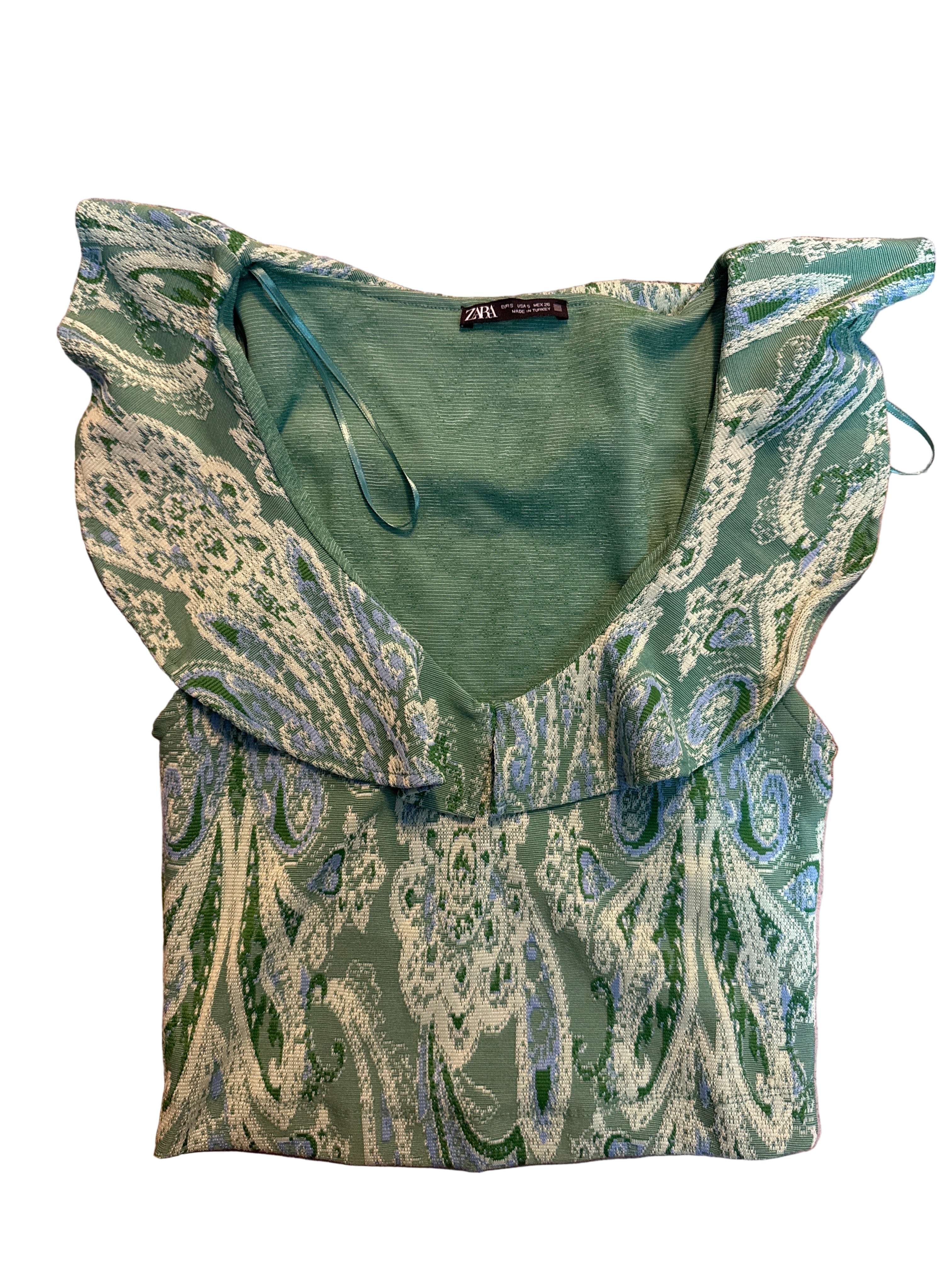 green zara patterned ruffle top, s