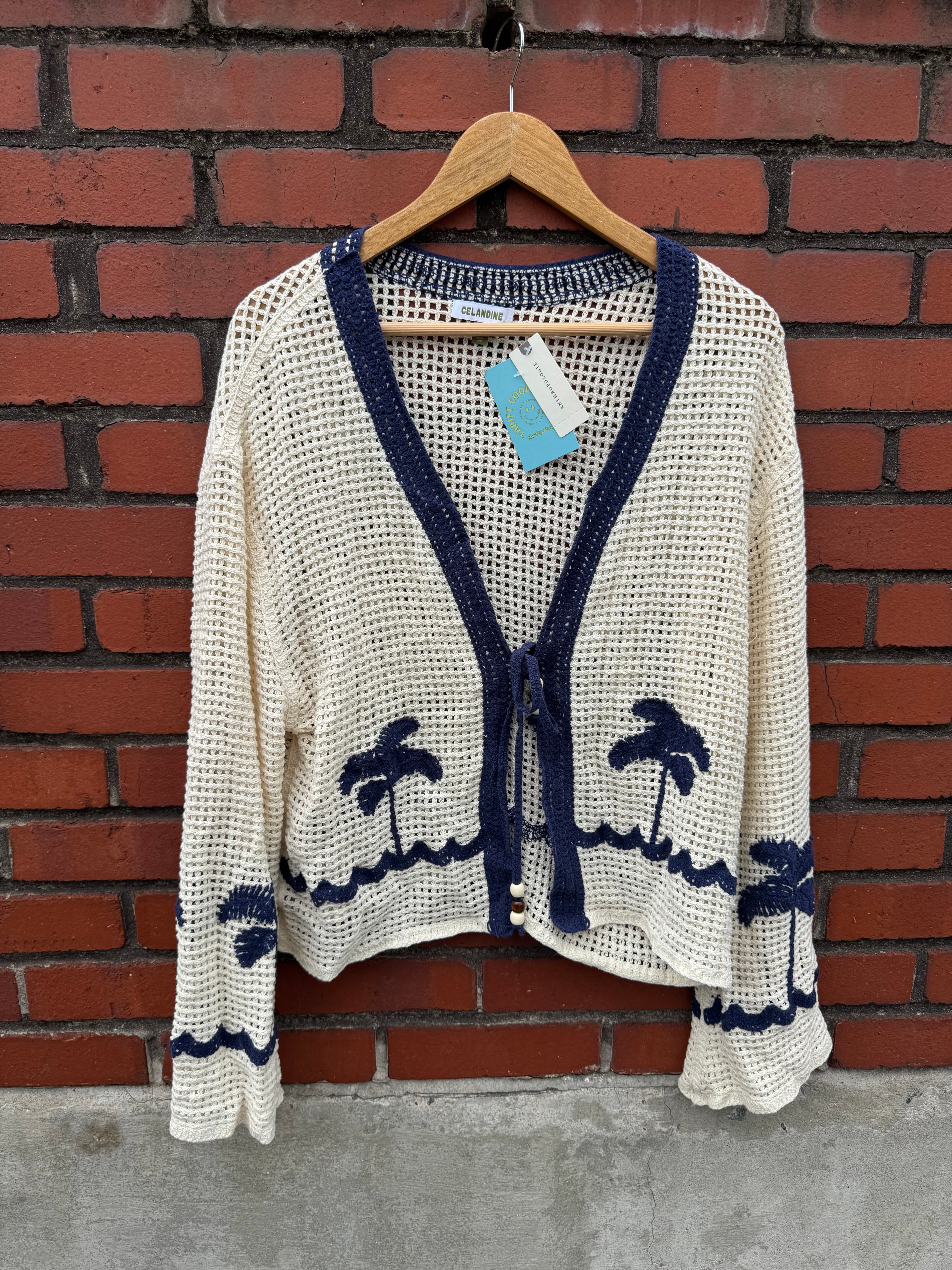 White Blue Celandine / Anthro Knit palm tree tie cardigan, OS