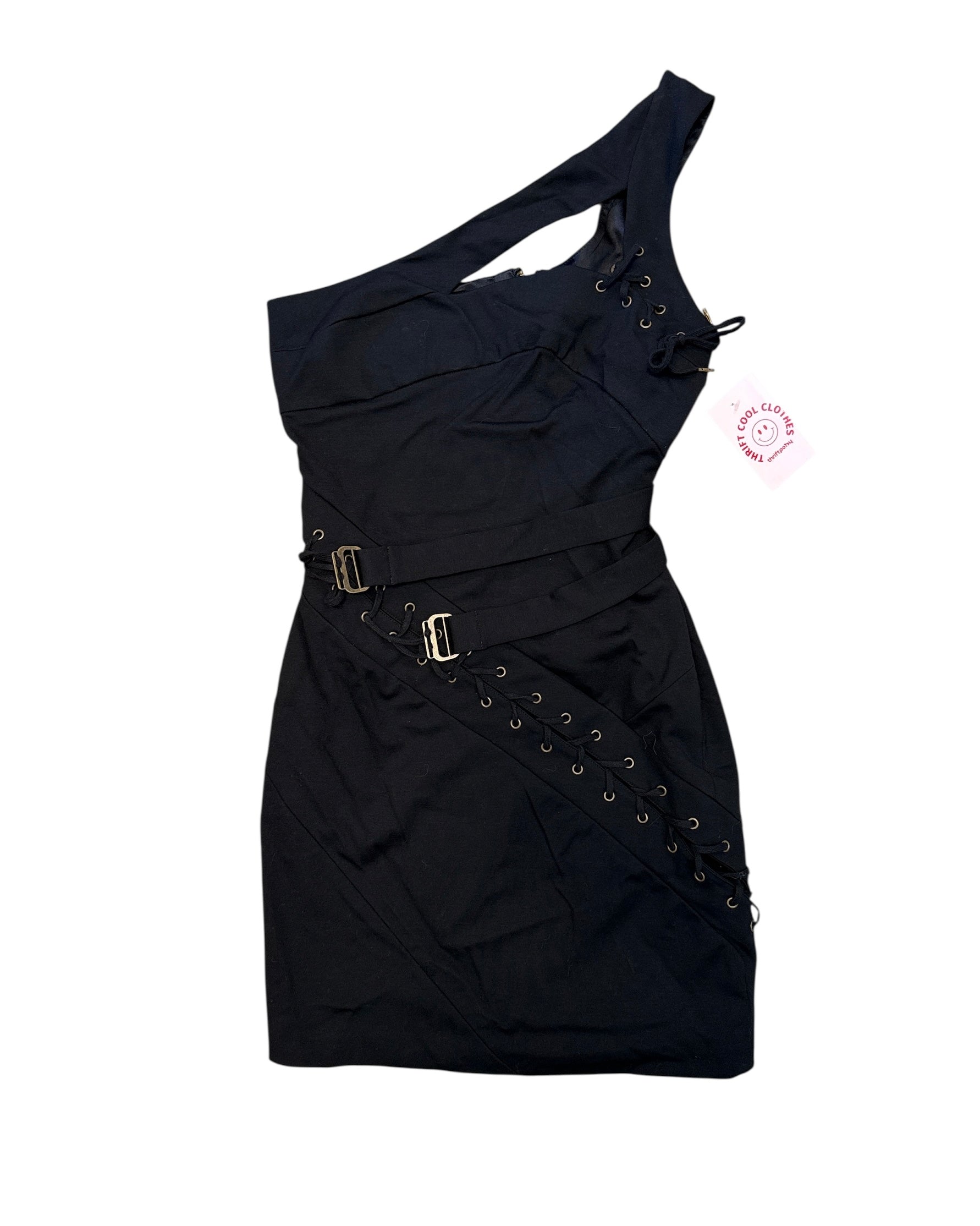 black lamb one shoulder dress w lace up and grommets, 0