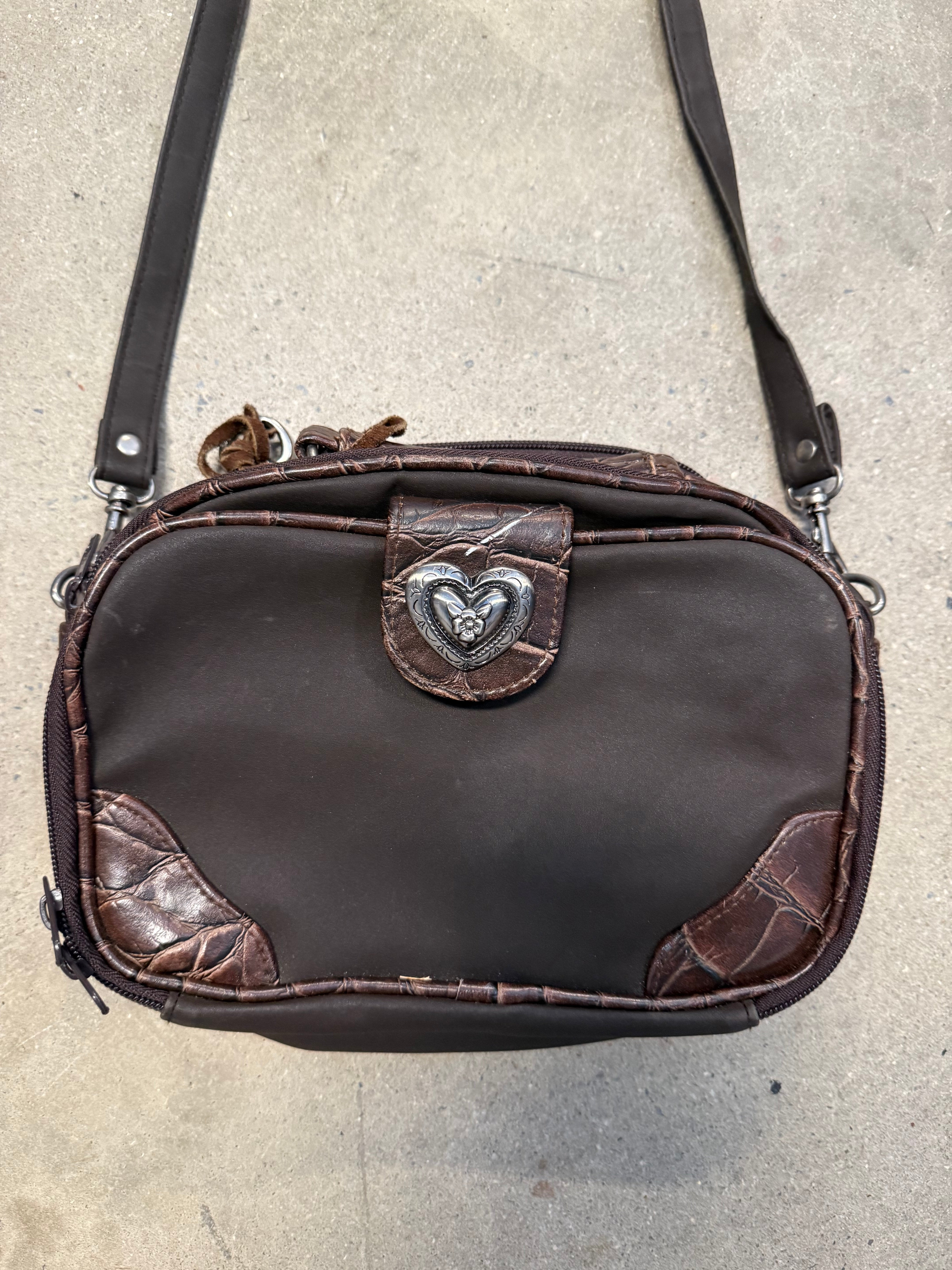 brown silver riding club metal heart crossbody
