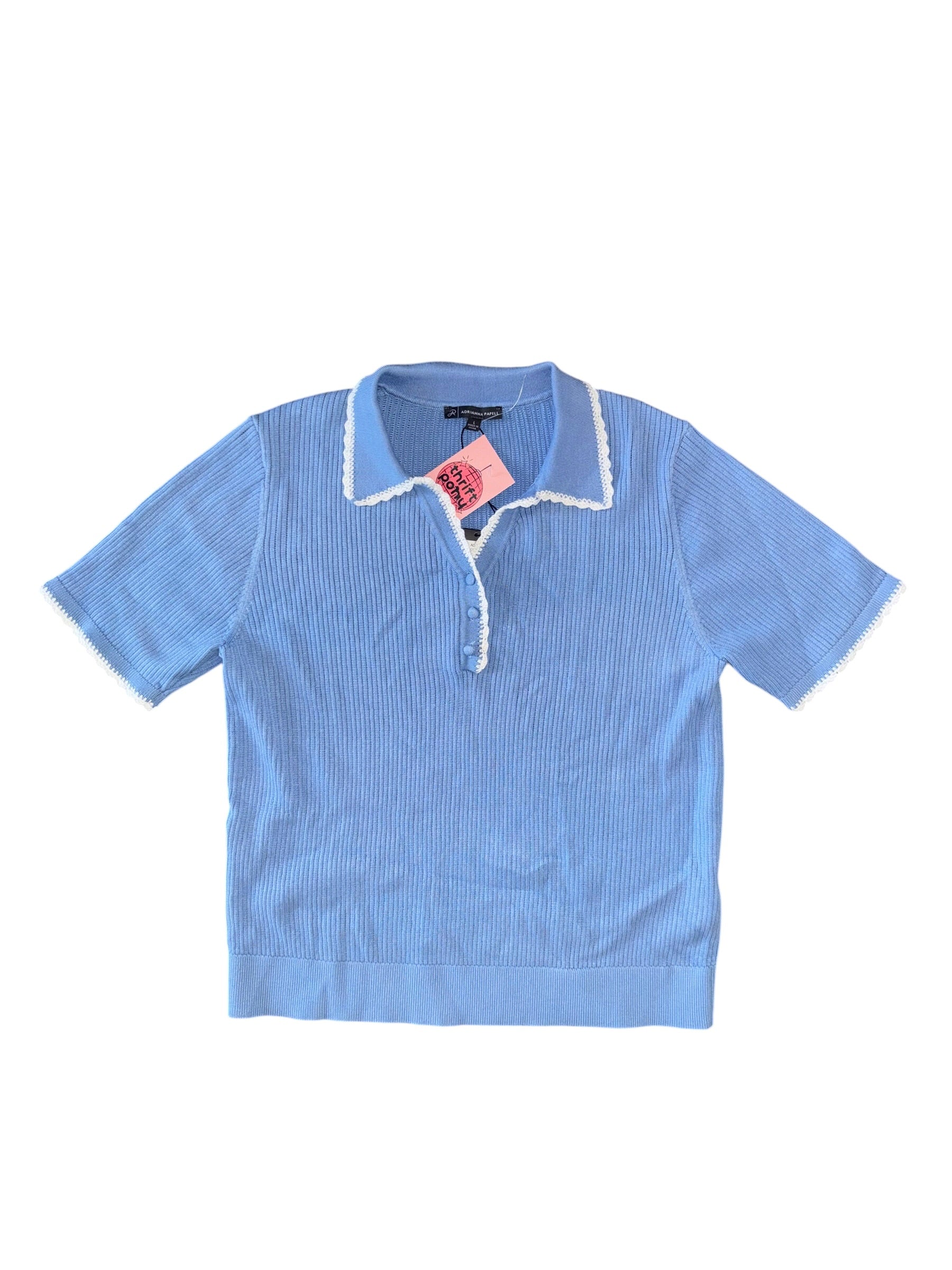 blue adrianna papell collared ss ribbed blouse, L