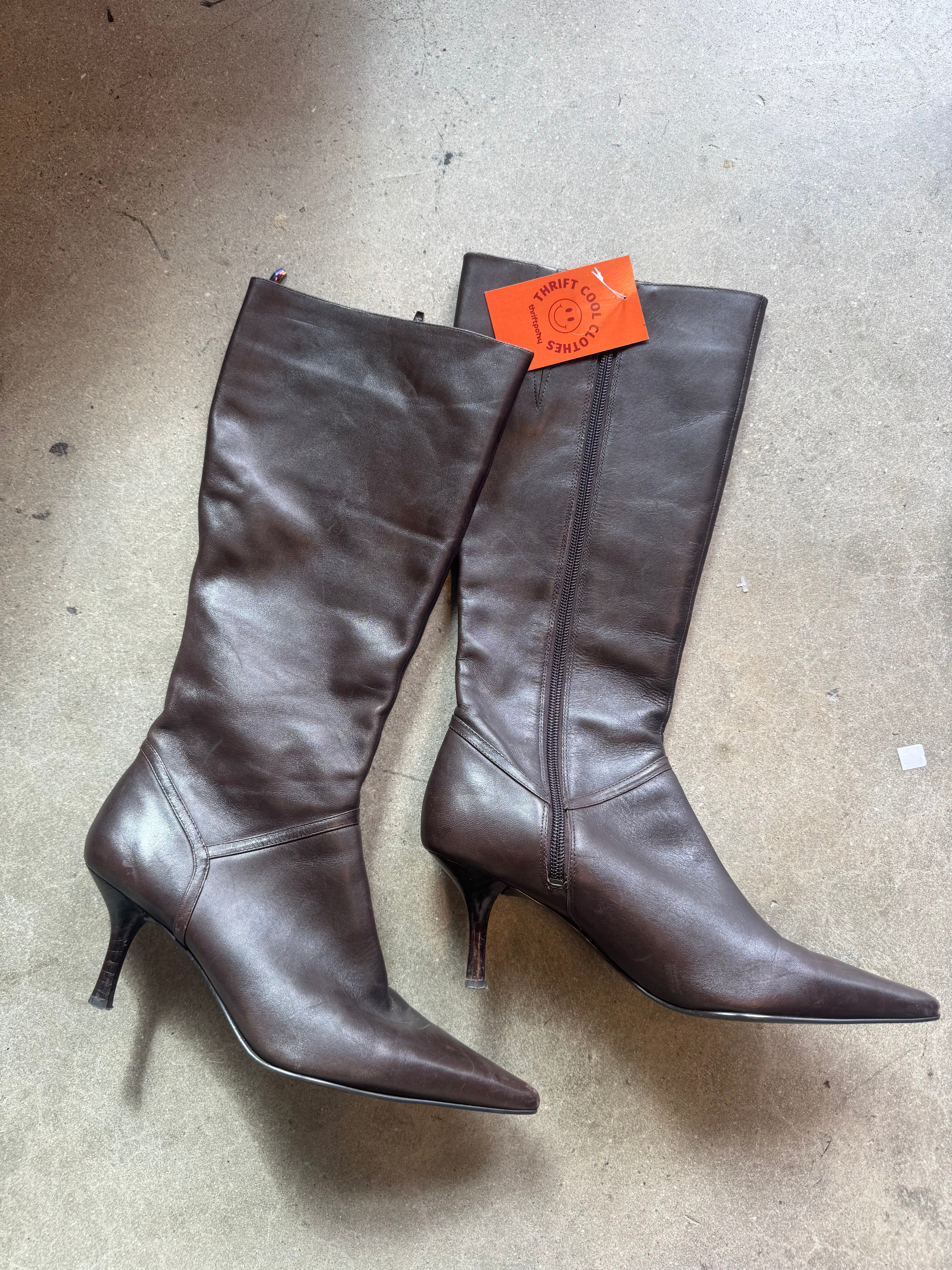 brown nine west pointed toe heeled boots, 7.5
