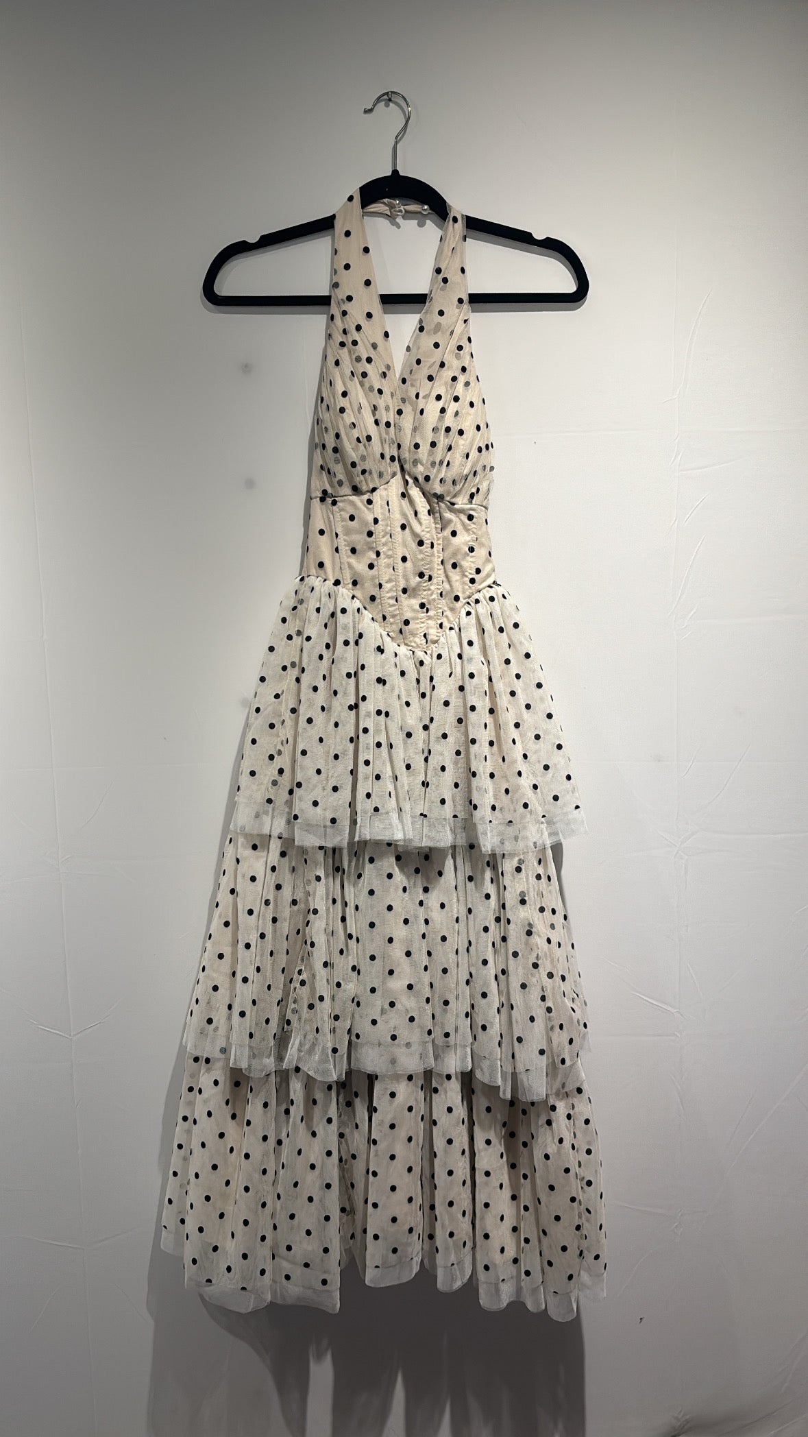beige blacl  polka dot mesh halter maxi dress, xs/s