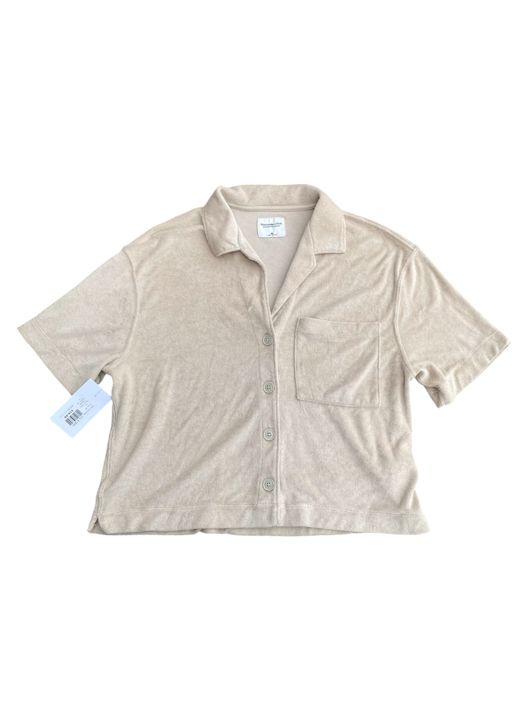 Tan abercrombie Terry cloth cropped button up, M