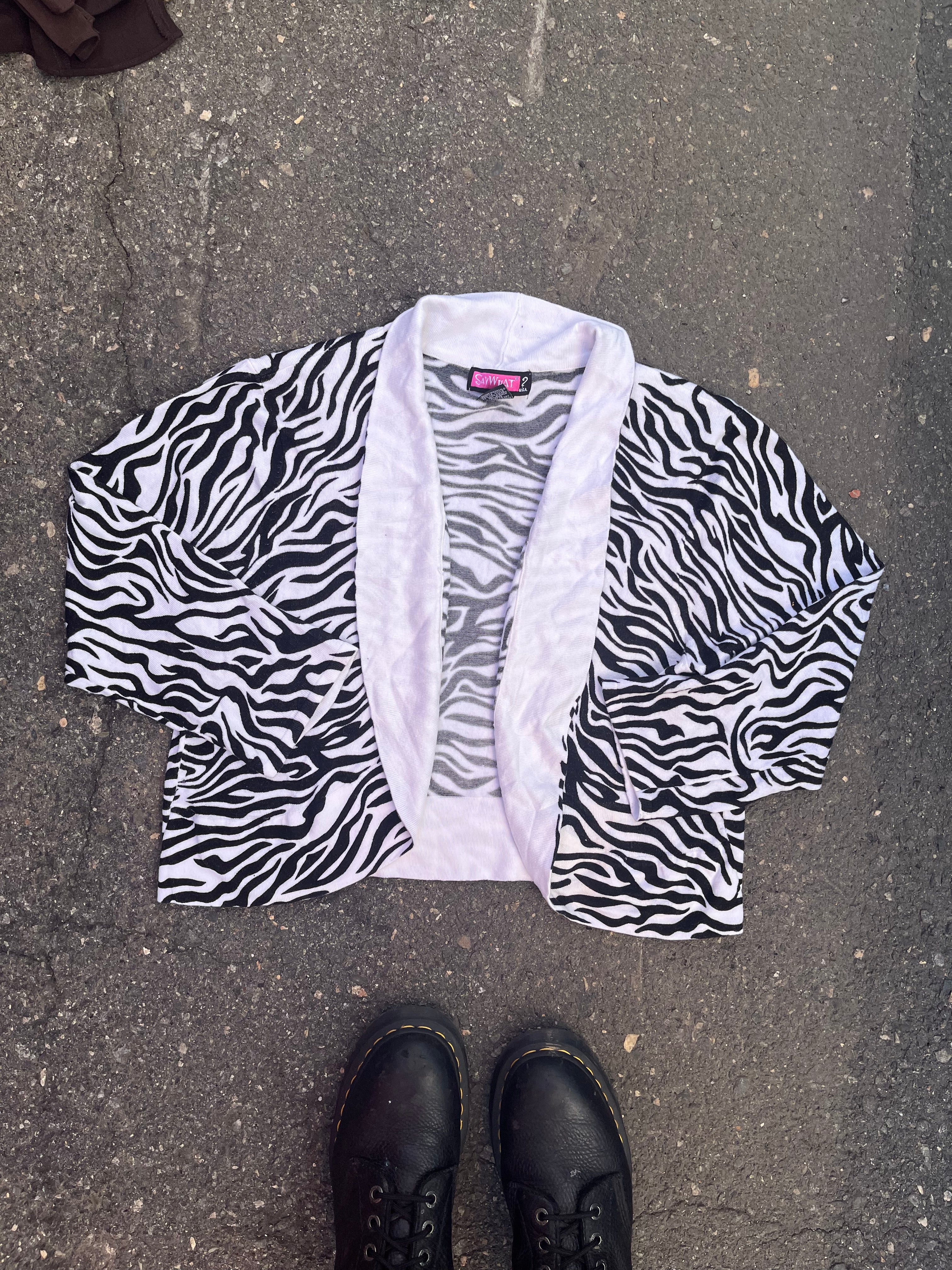 white black say what? zebra cardigan, 2x