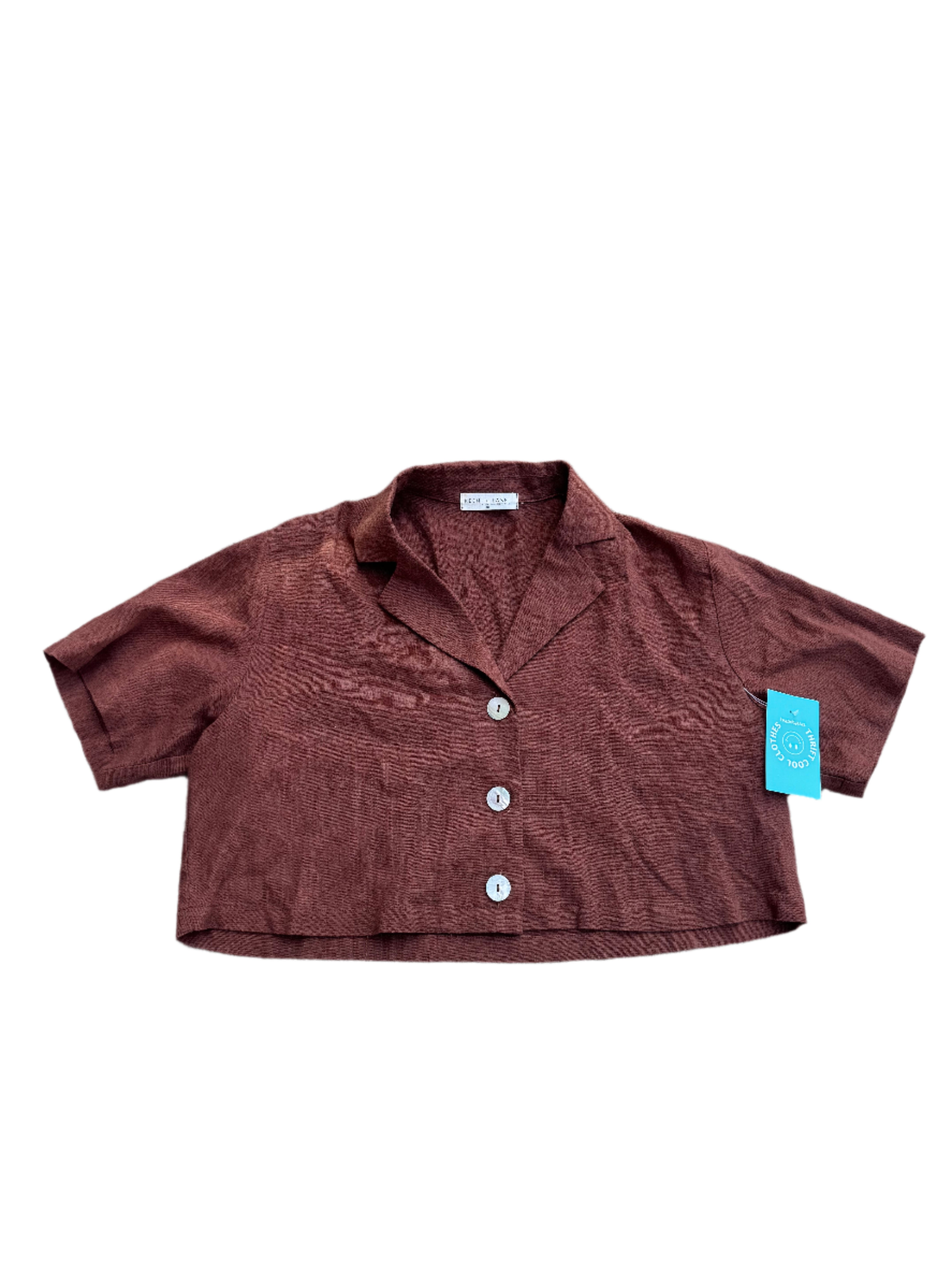 brown keen the label linen crop button down, xs