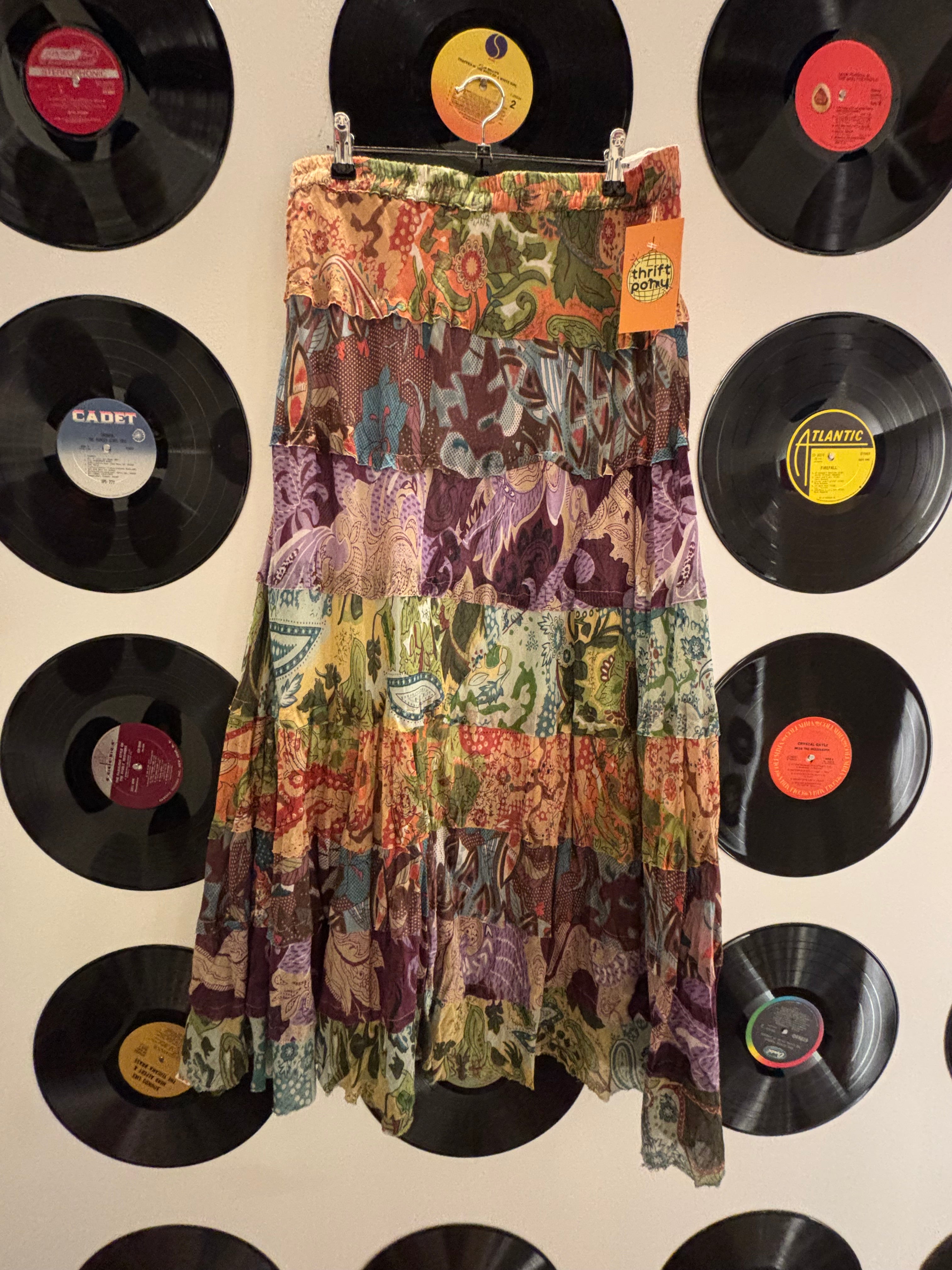 orange green new directions flroal tiered maxi skirt, L