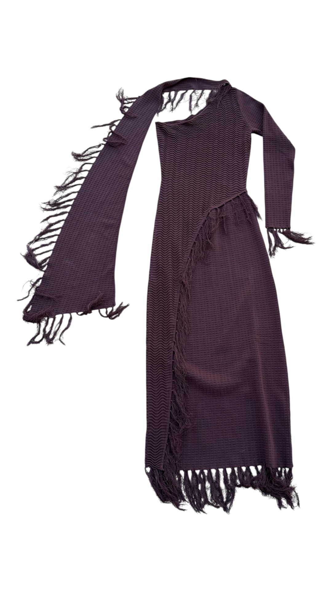 brown yllw knit one shoulder fringe scarf dress, M