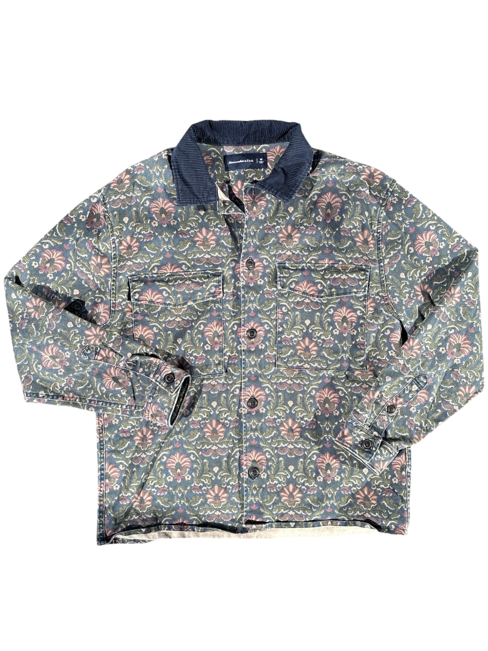 navy green abercrombie patterned button down w cord colalr, m