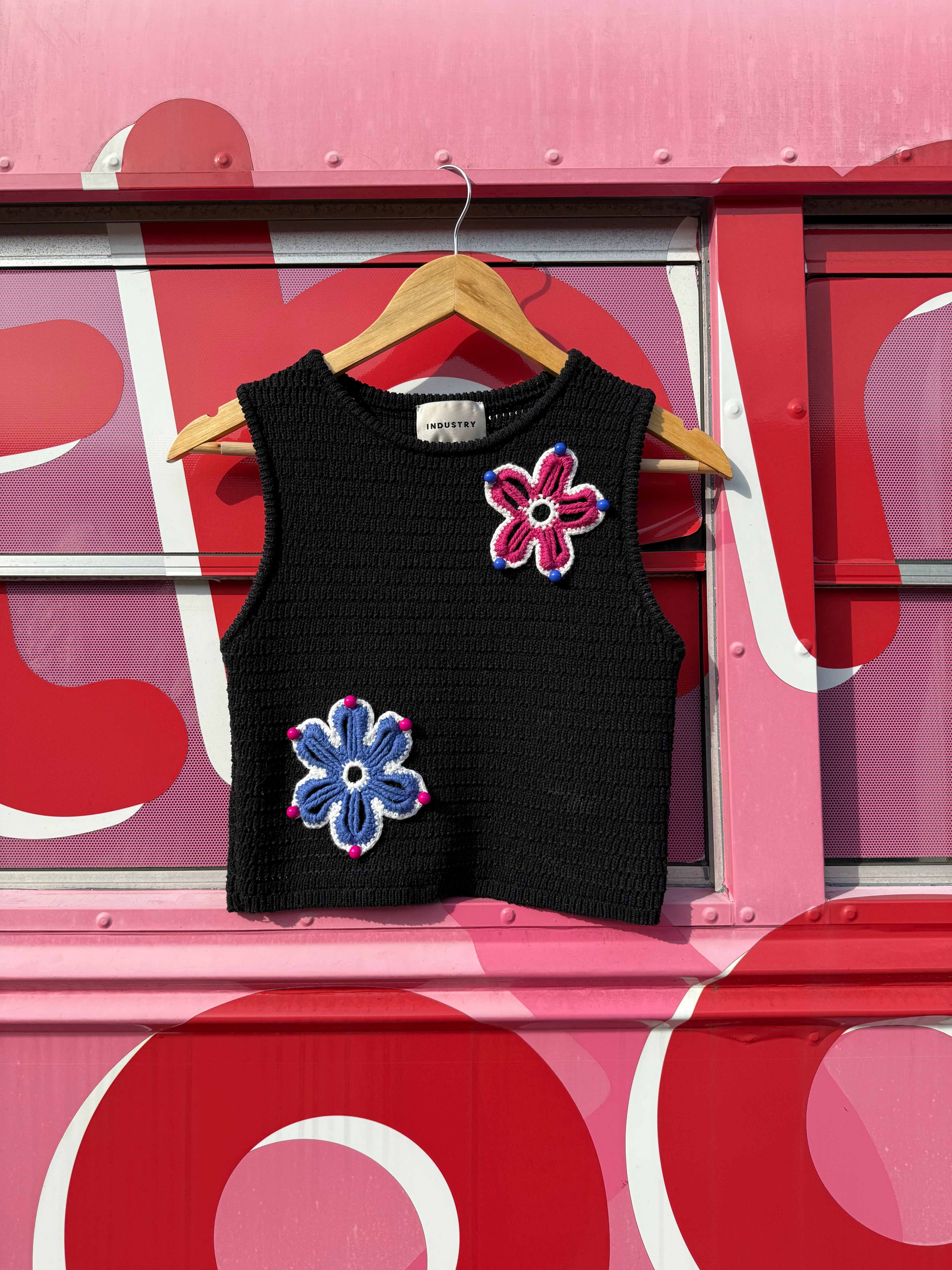 Black Industry Knit flower vest with beads, M