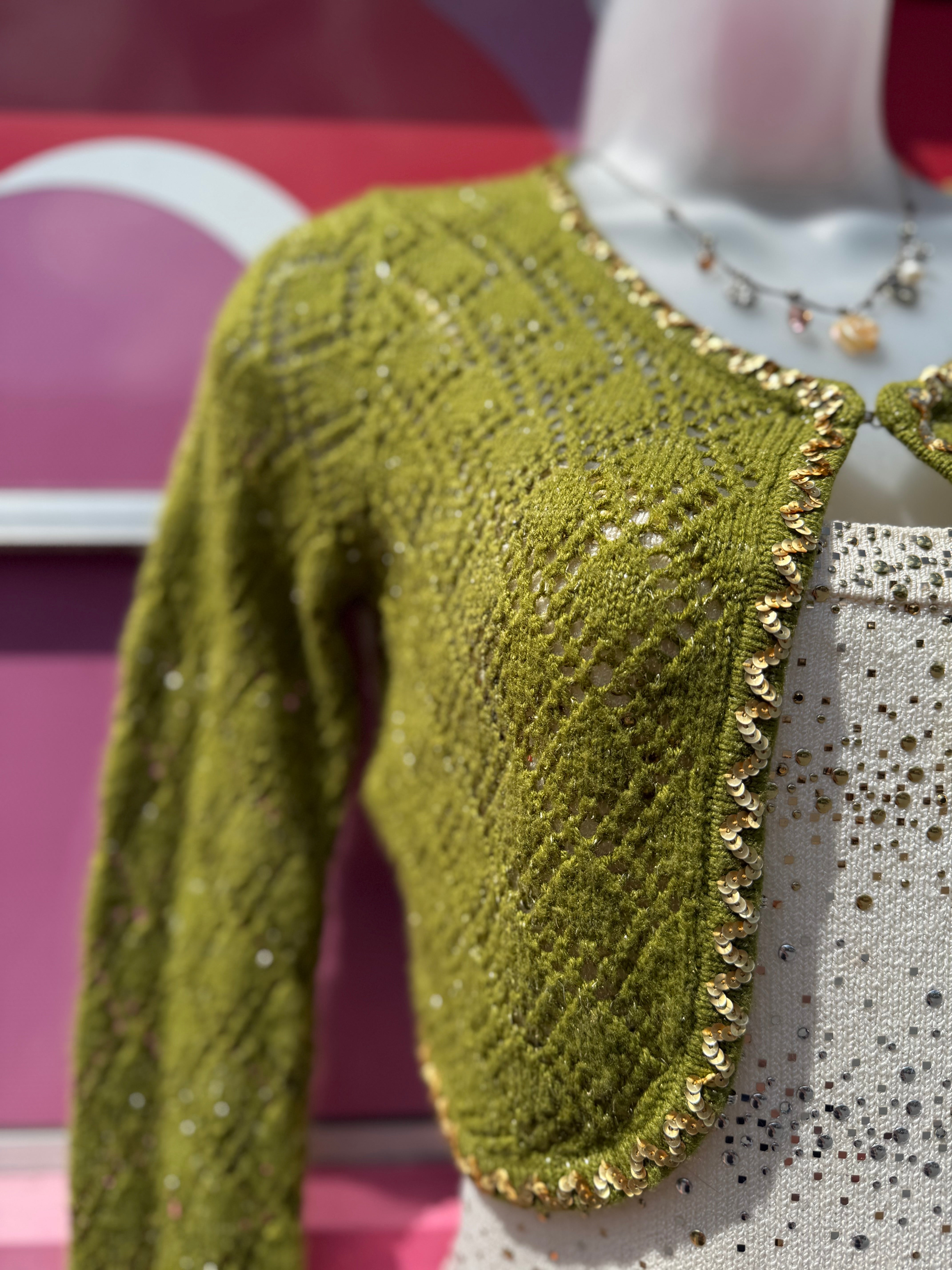 green betsey johnson sequin sparkle cropped shrug cardigan, s