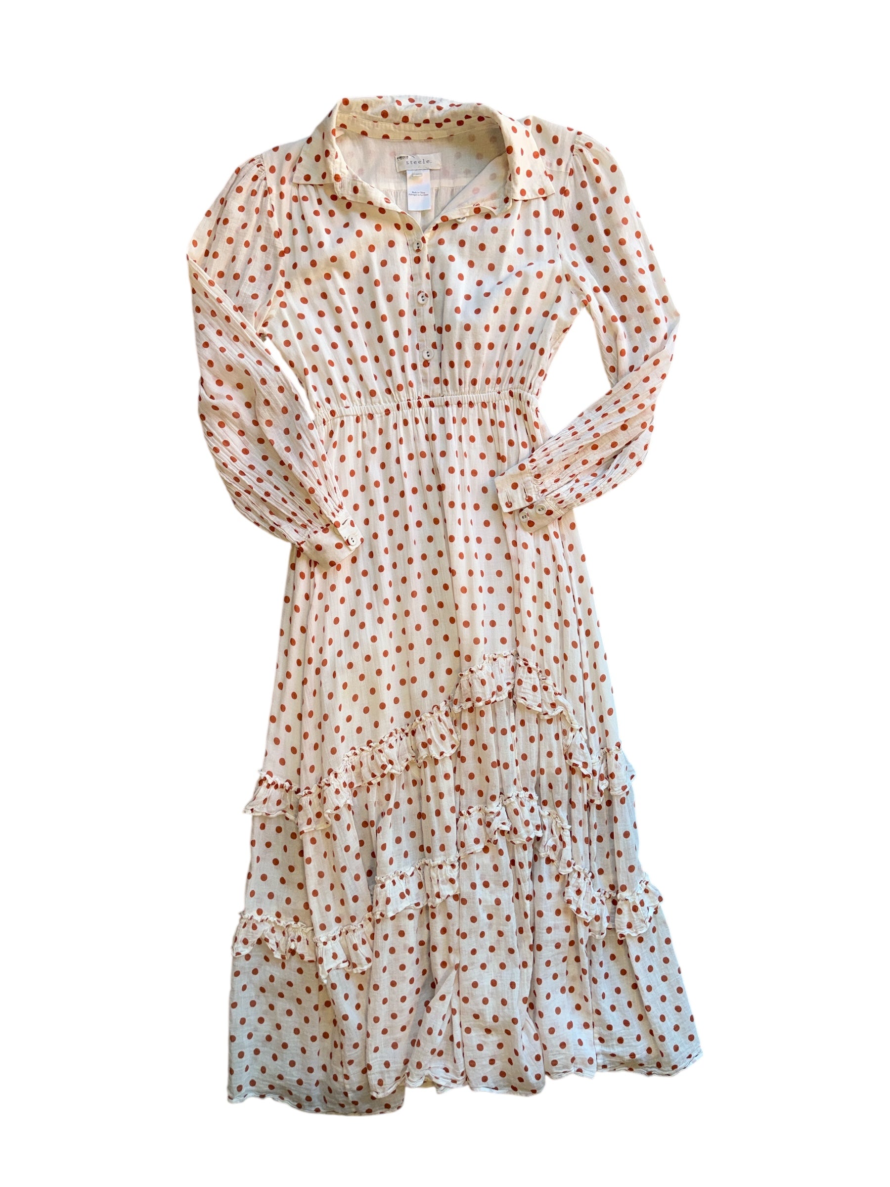 white orange steele polka dot maxi dress, M