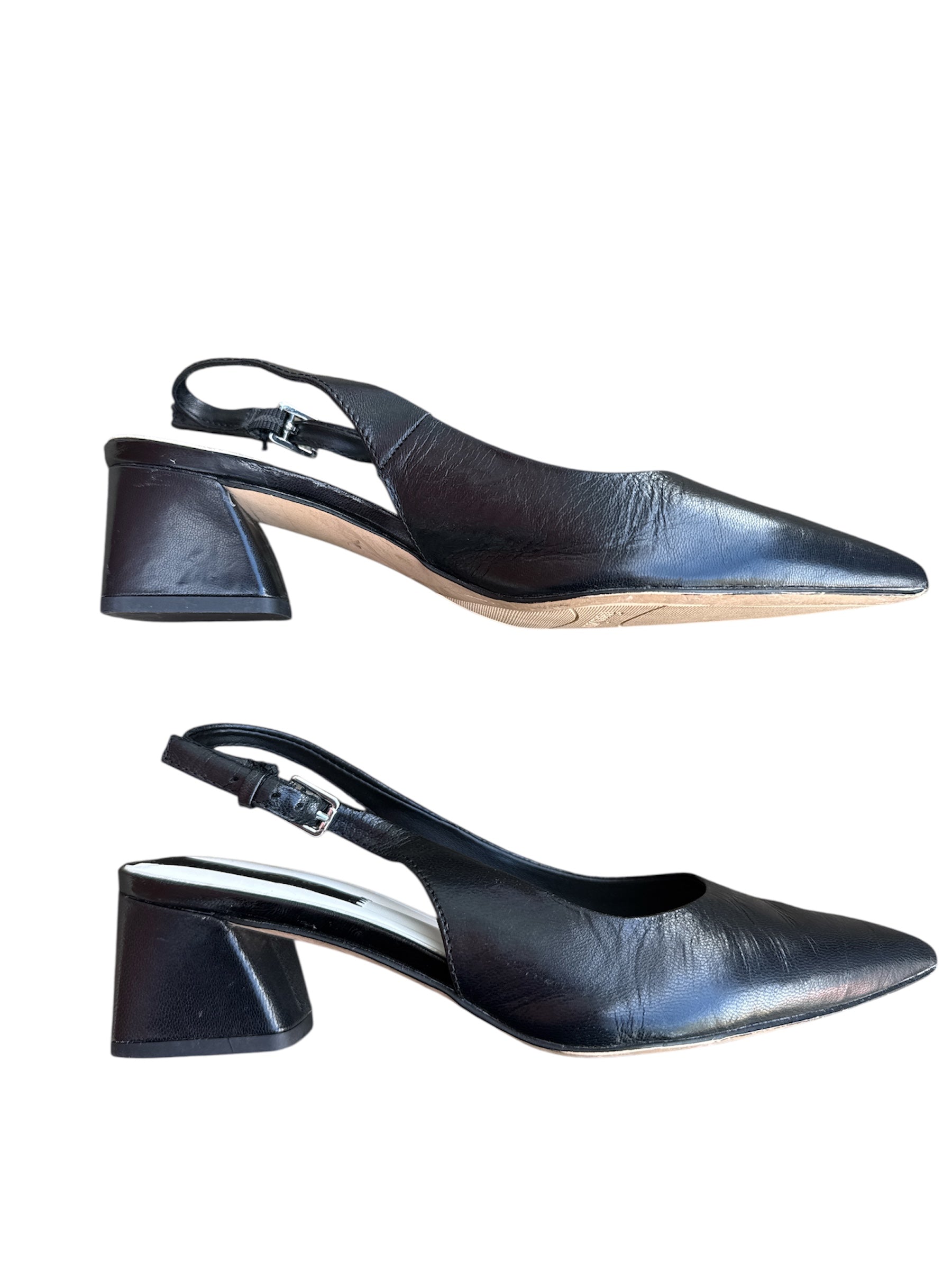 black franco sarto chunky kitten heel sling backs, 6.5