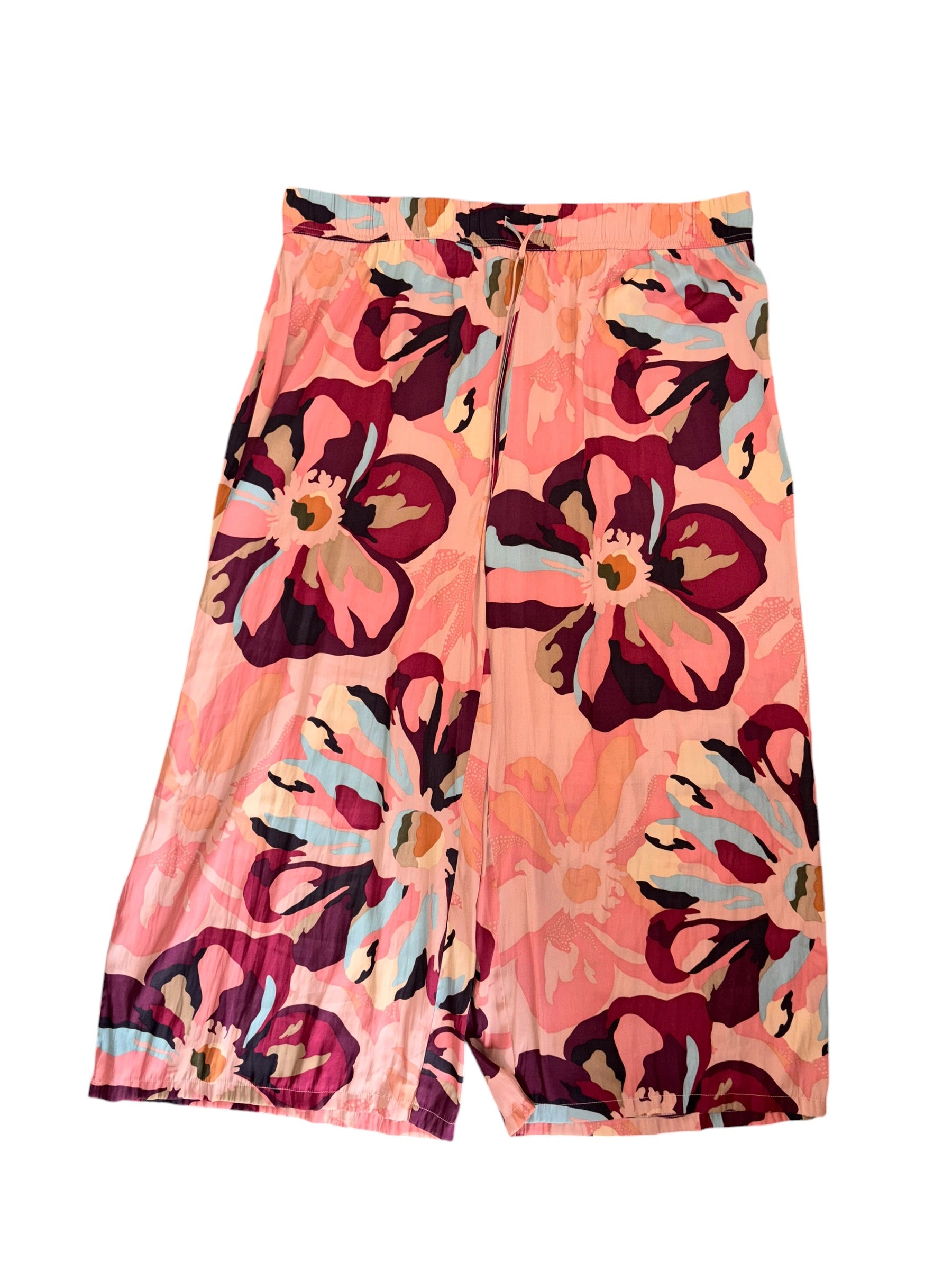 coral maroon adrianna papell floral satin drawstring pants, 2x