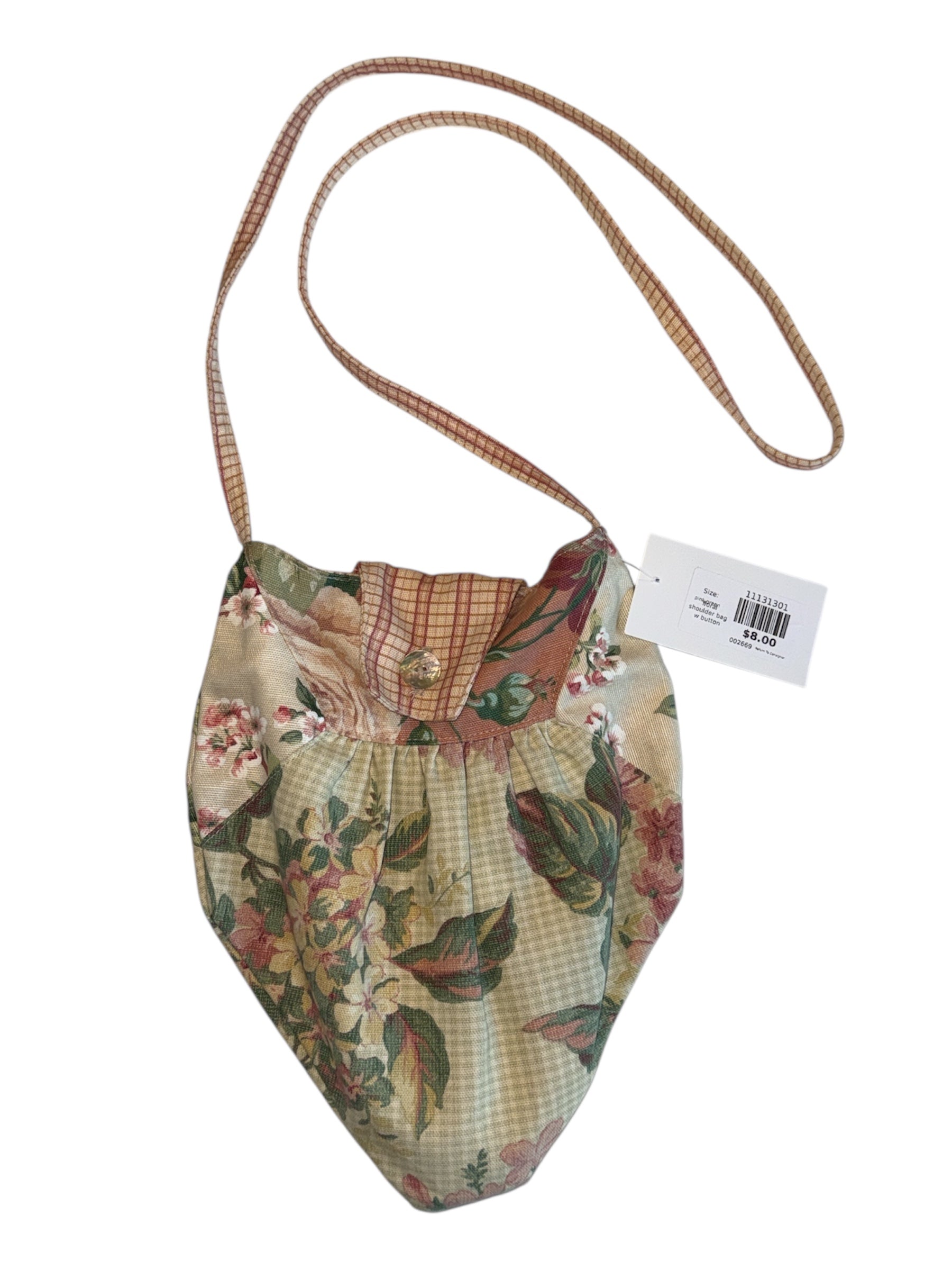 pink green  floral shoulder bag w button clasp