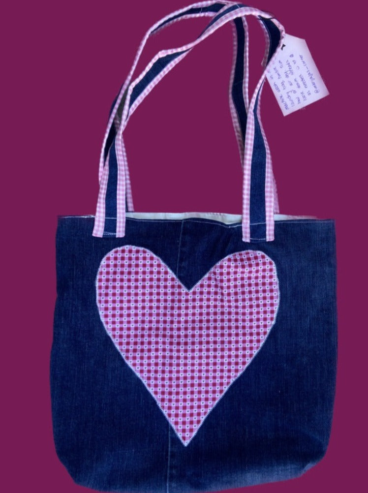 handmade upcycled heart denim tote