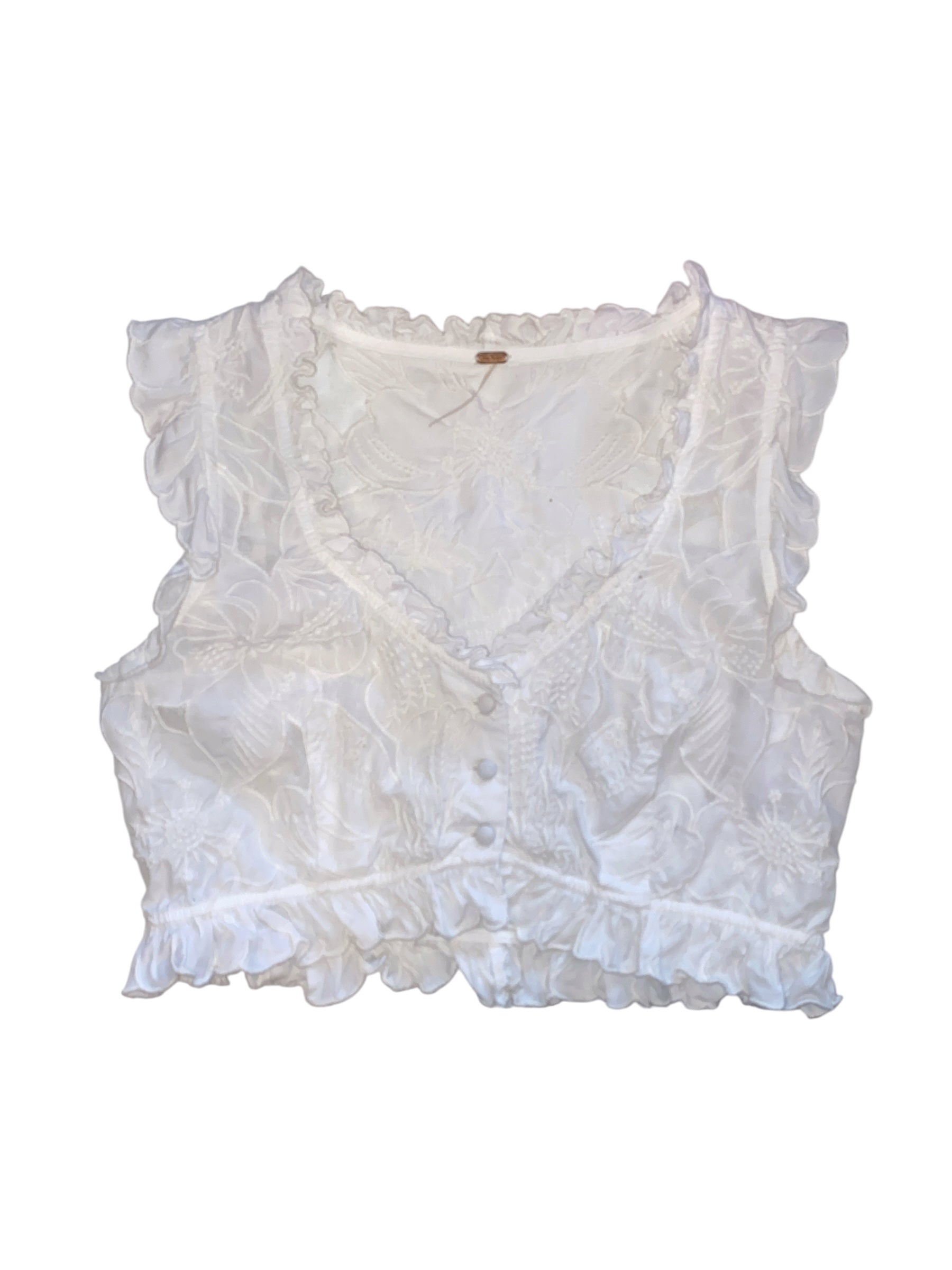 White Free People Cropped embroidered ruffle trim tank, S