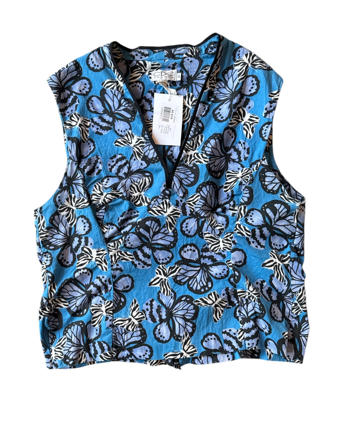 blue black cdc butterfly v neck clasp top, 18