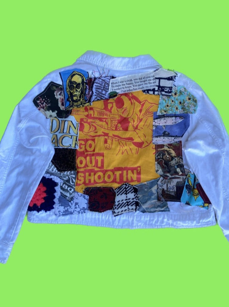 handmade upcycled Donnie Tiffs white patchwork denim jacket, size XXL (20)