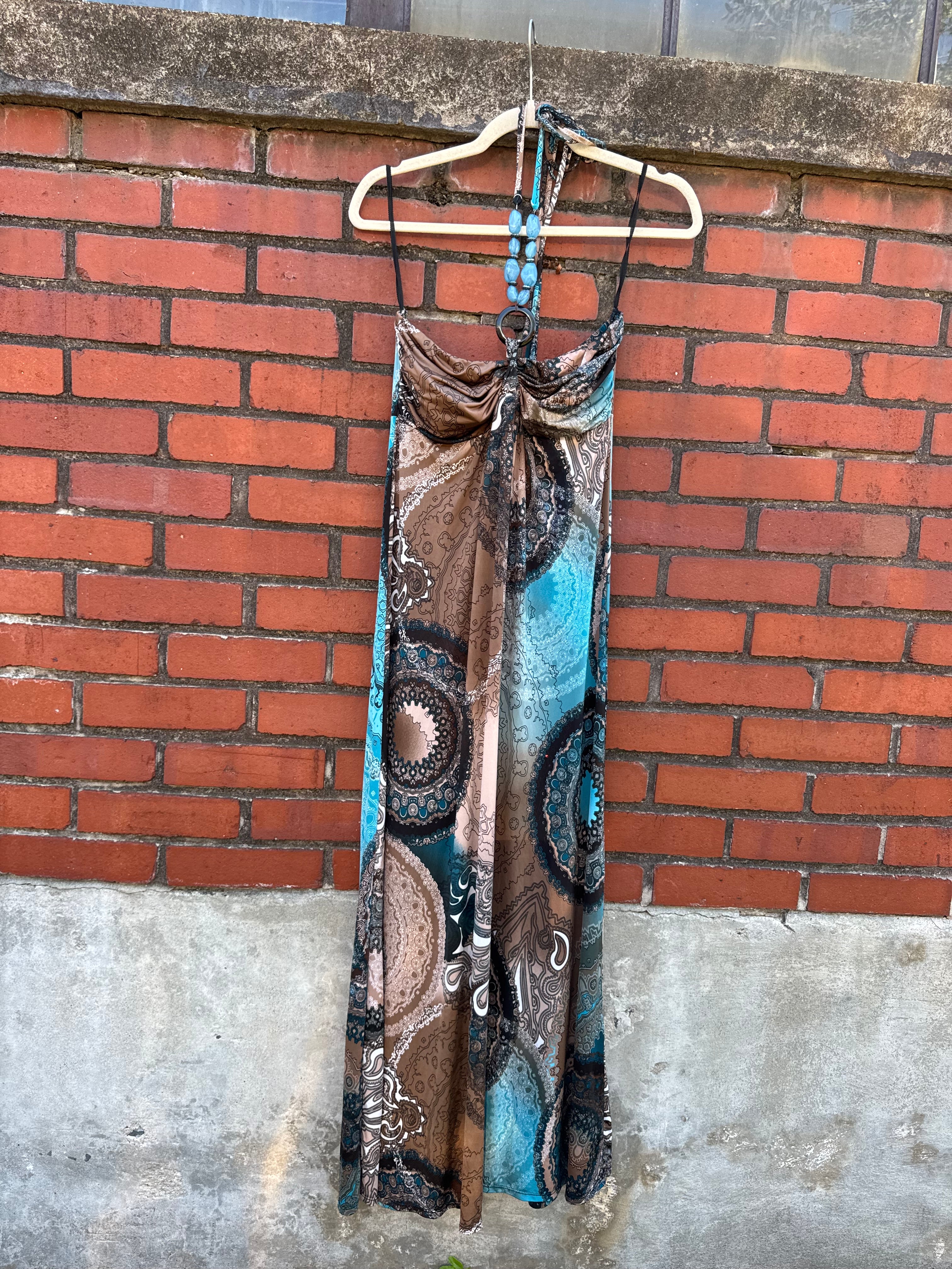 brown teal kisses and hugs beaded halter paisley maxi, L