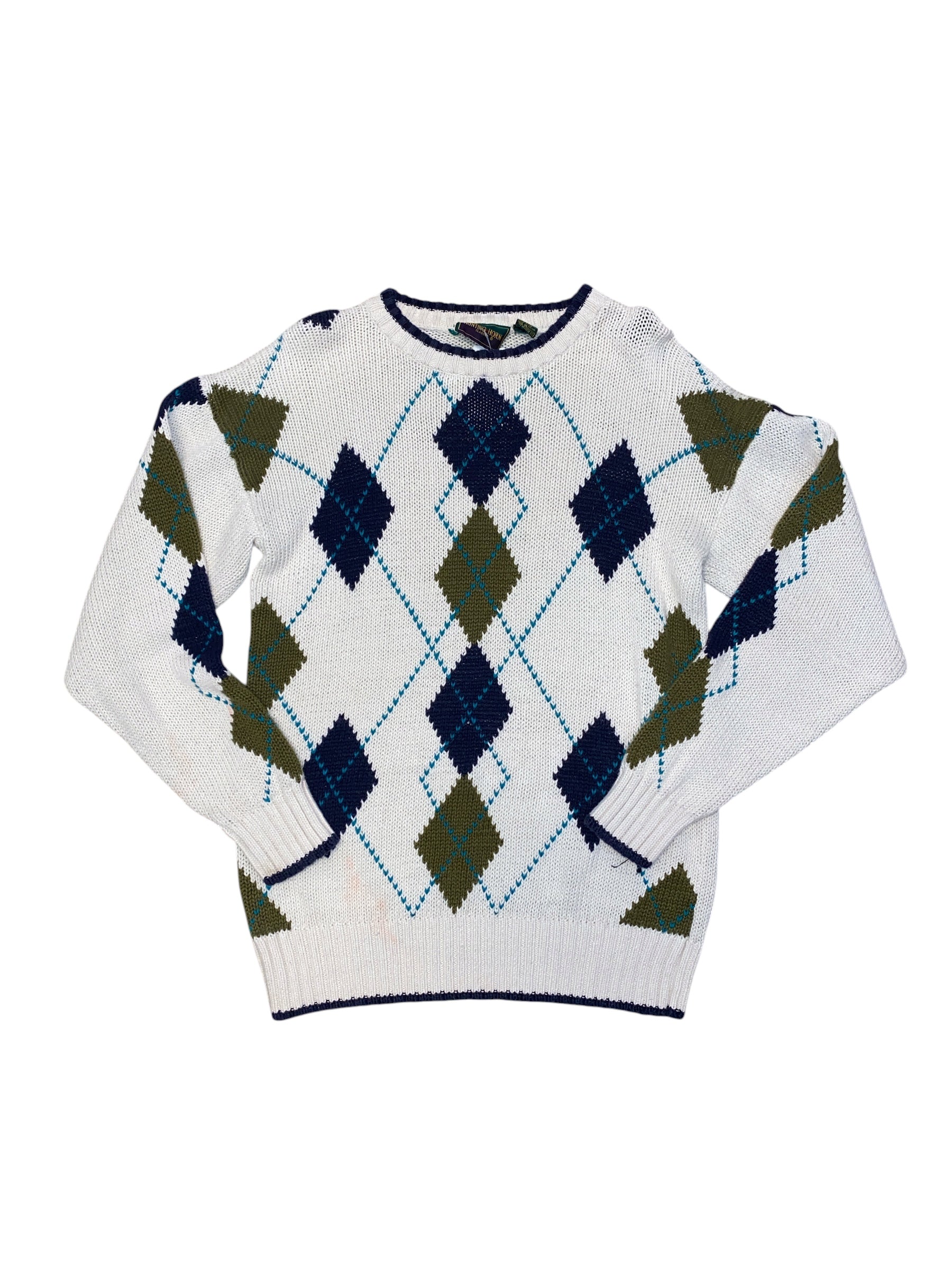 White navy green Hunting horn Vtg argyle sweater, M