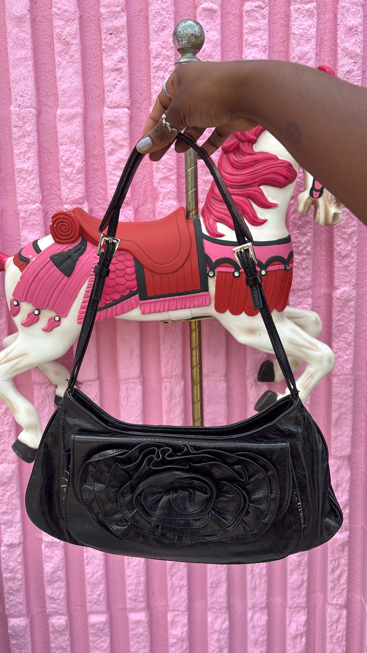 black Sabina leather rosette handbag
