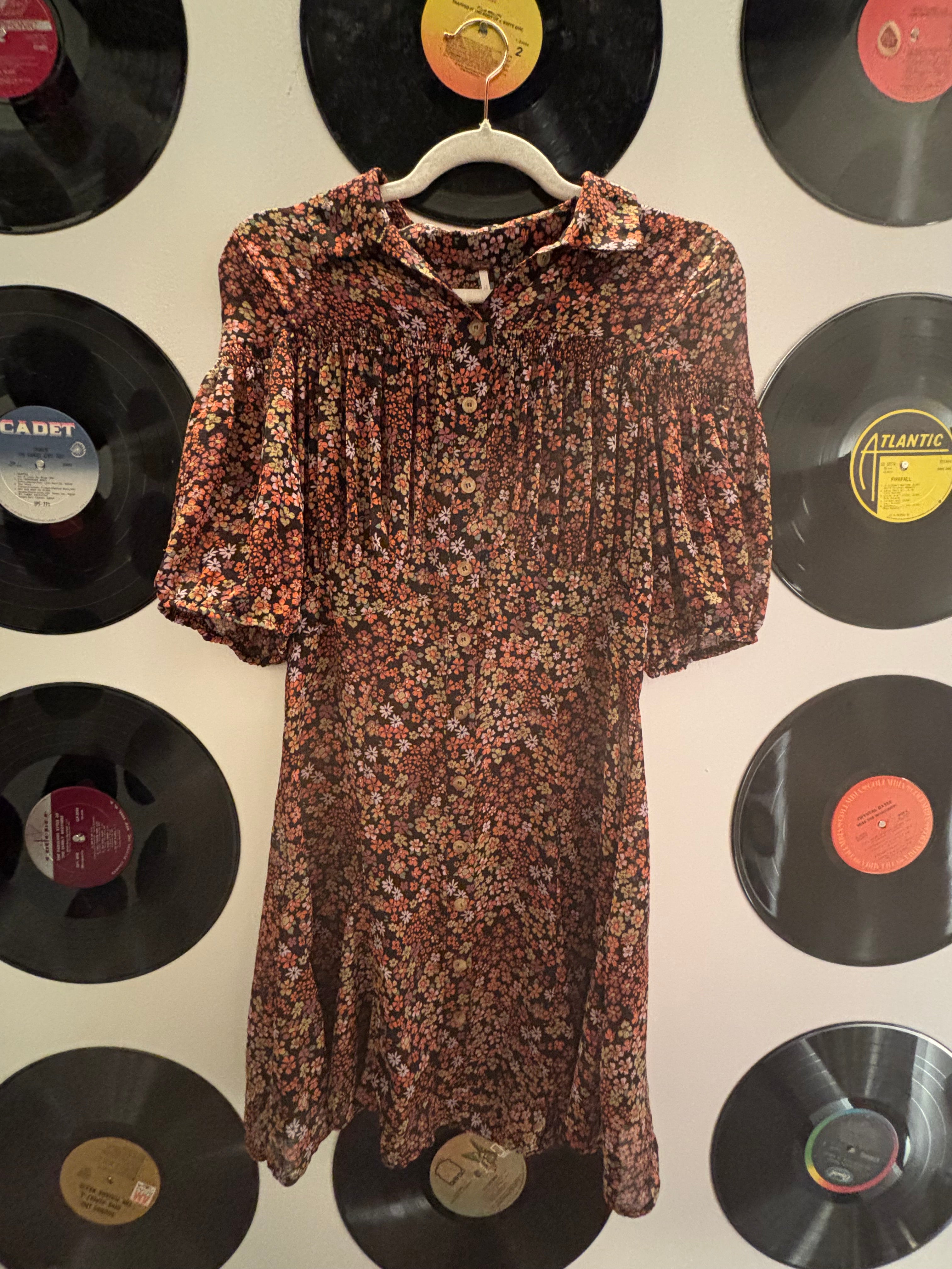 Black orange purple Free people Sheer floral collar dress, M