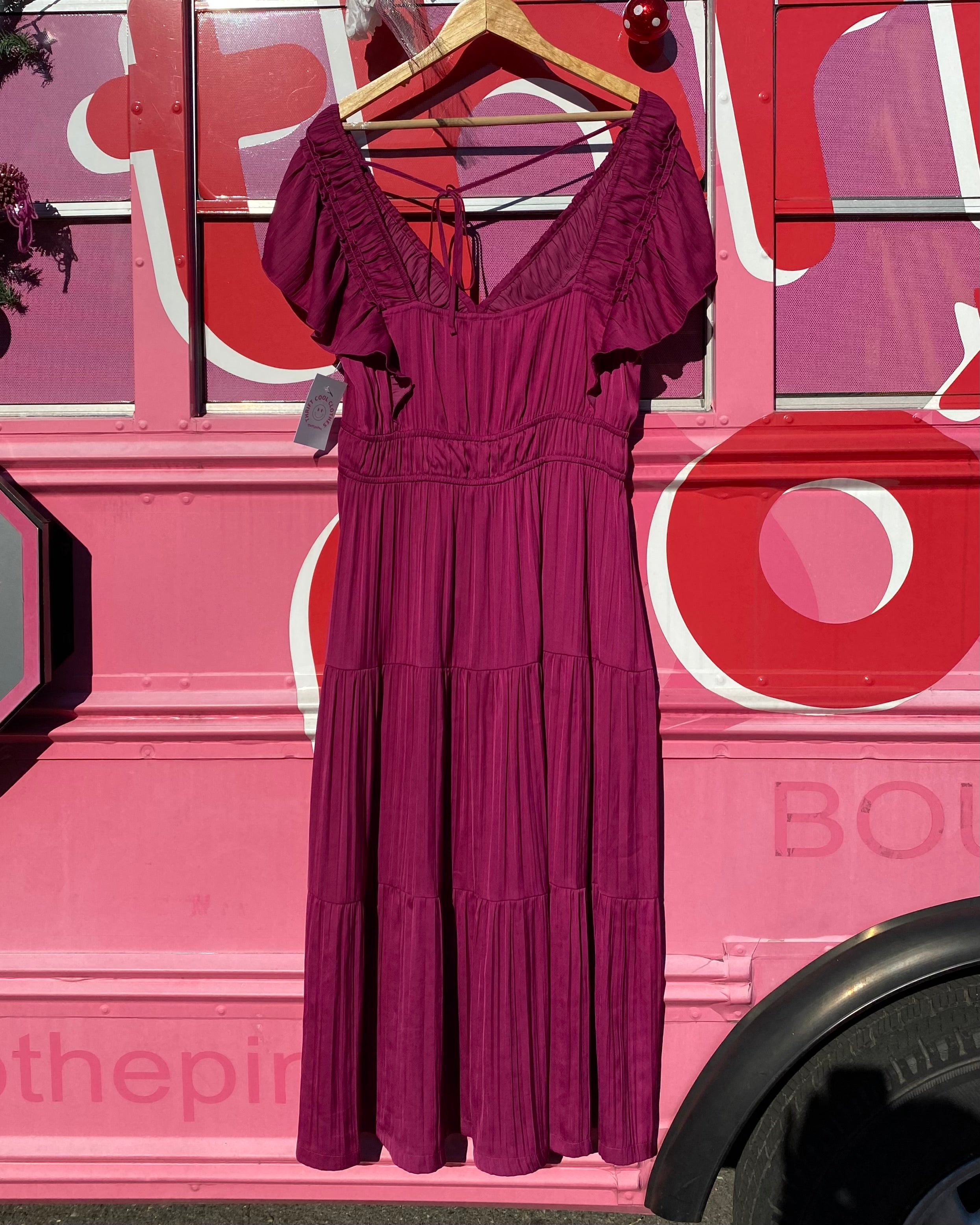 magenta anthropologie satin v neck dress, L