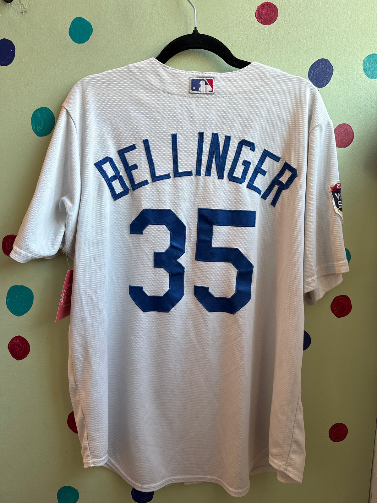 grey blue majestic dodgers bellinger jersey, L