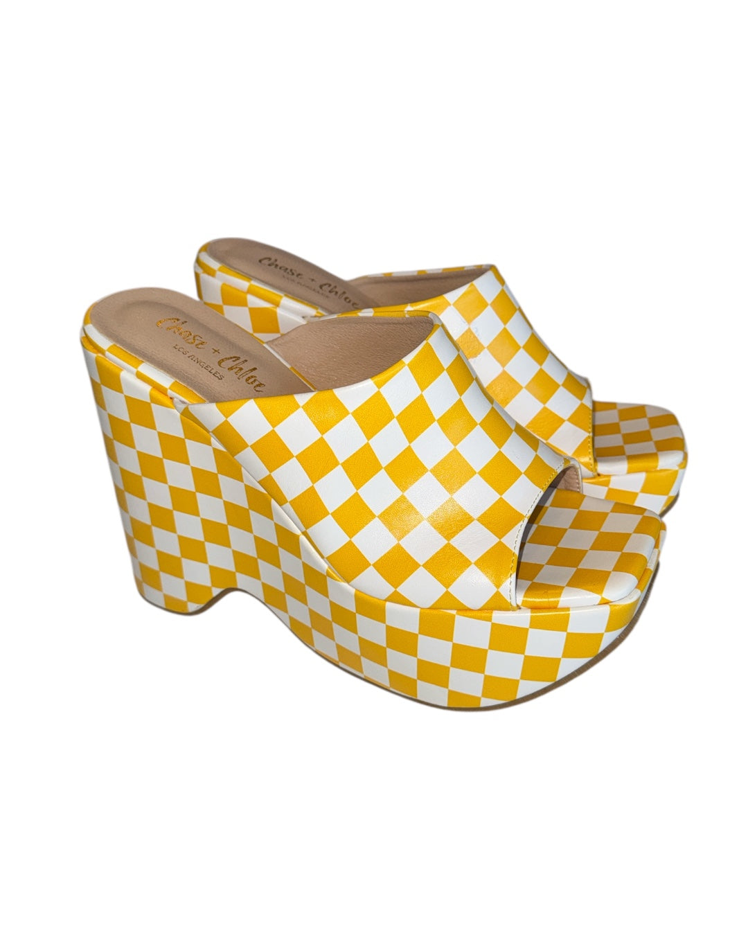 yellow white Chase + chloe platform checkered sandals, 10