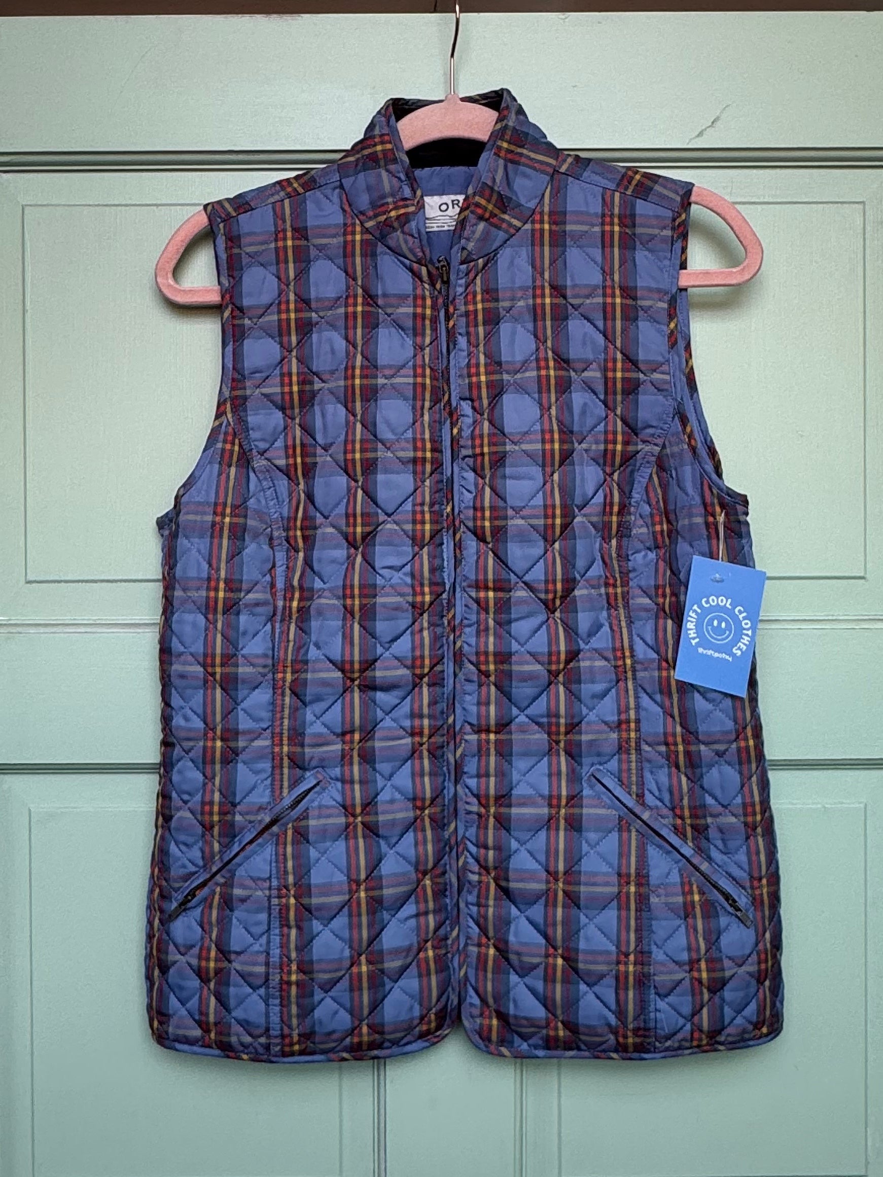 blue red orvis plaid puff vest, 4