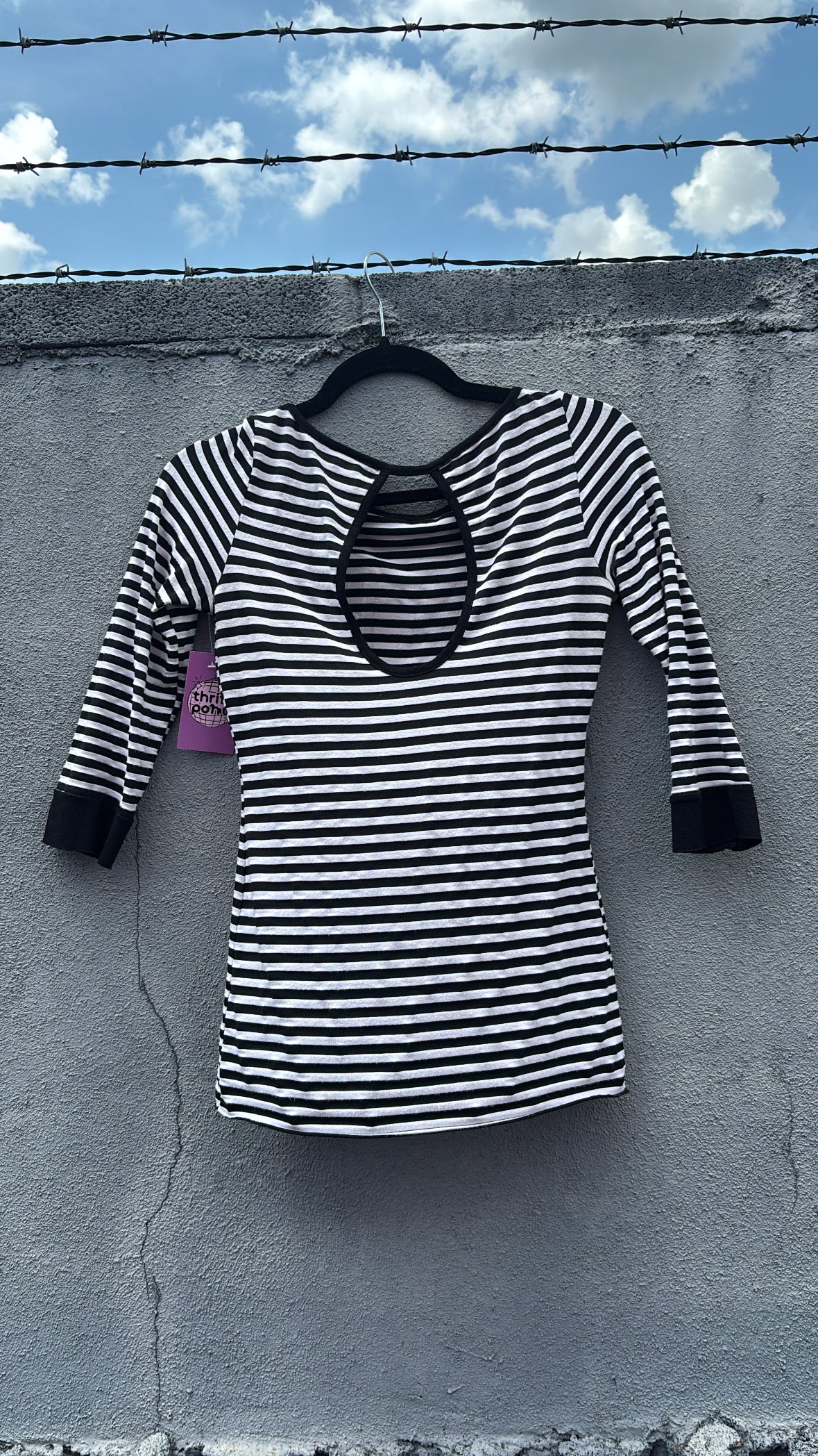 black and white true love stripey top with key hole, M