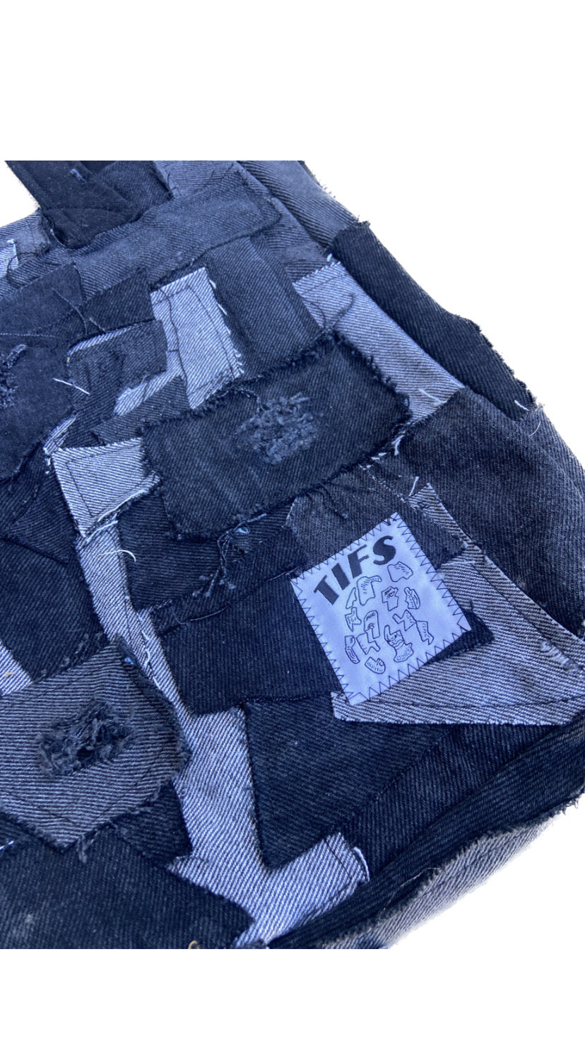 black handmade upcycled Donnie Tiffs patchwork tote