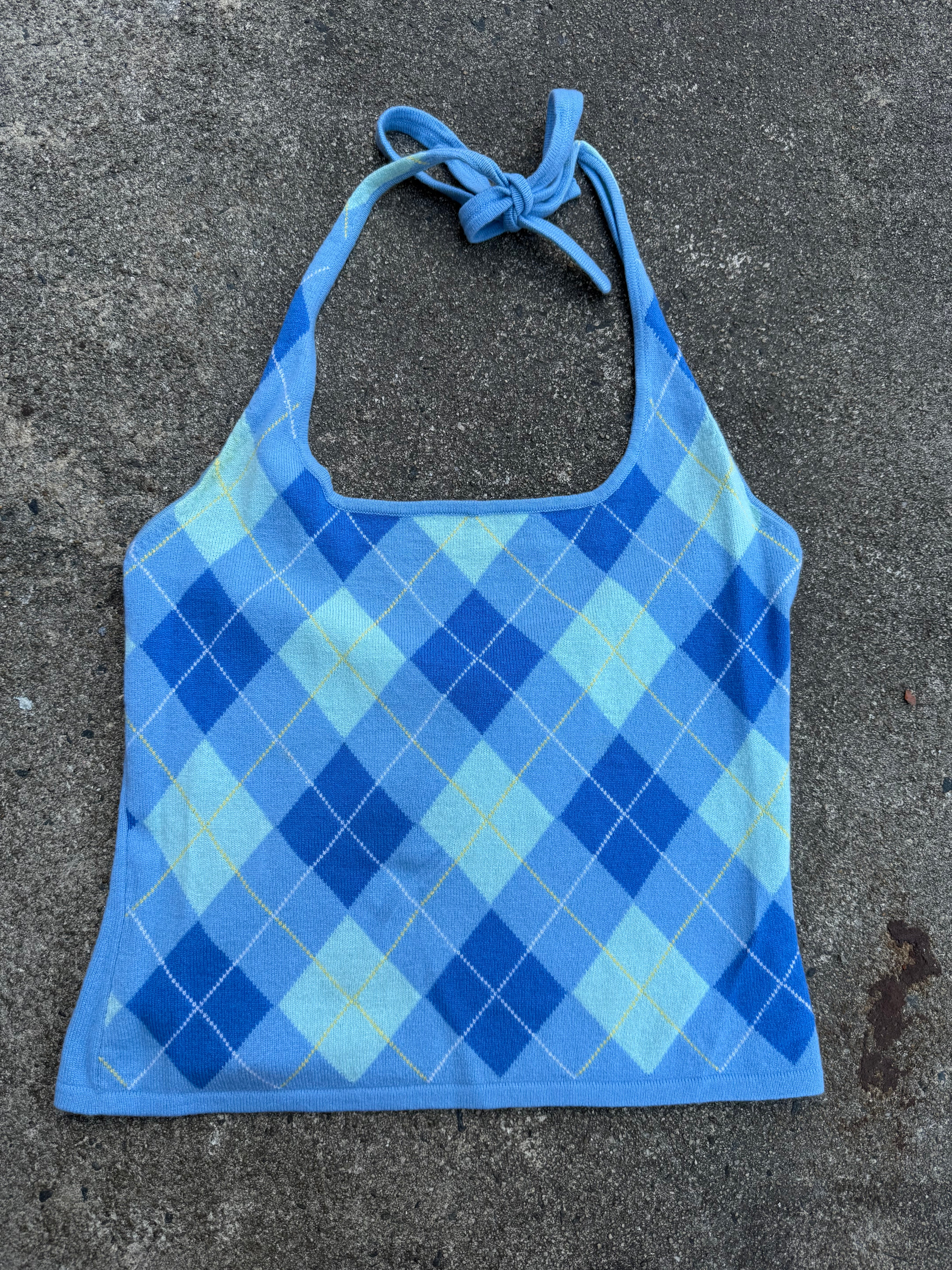 blue green autumn cashmere argyle halter top, L