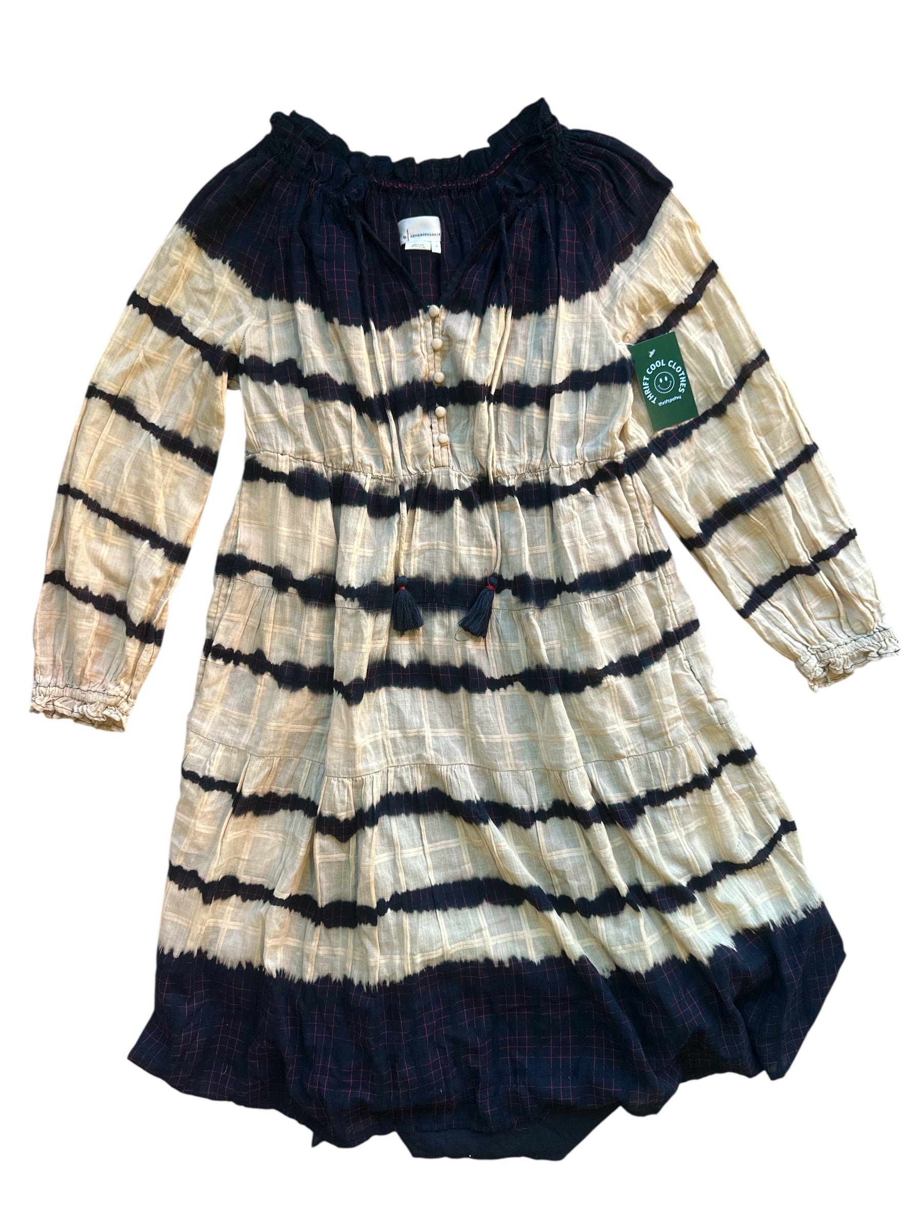 navy tan anthropologie tie dye grid dress, L
