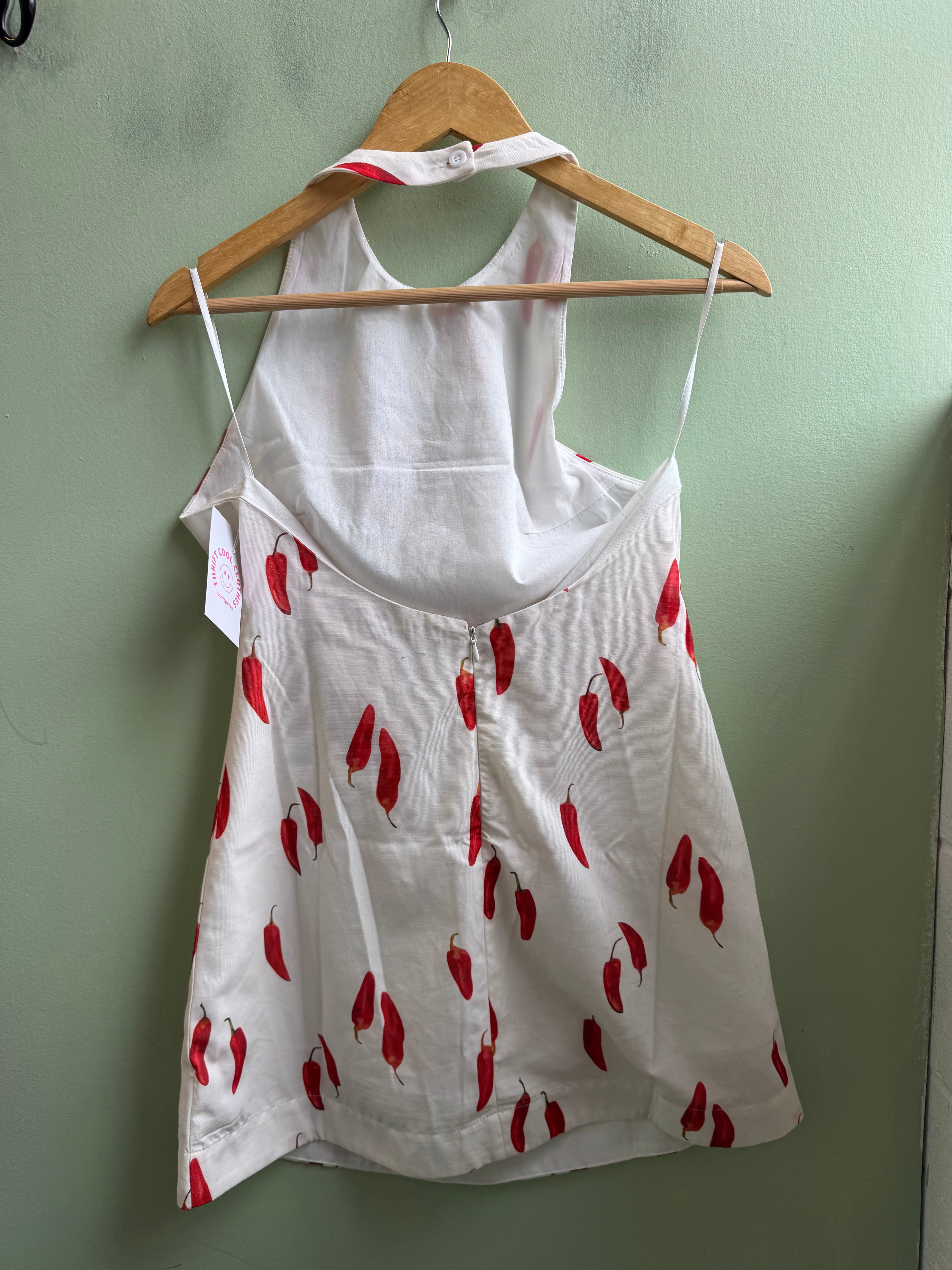 red white commense chile pepper halter mini dress, s
