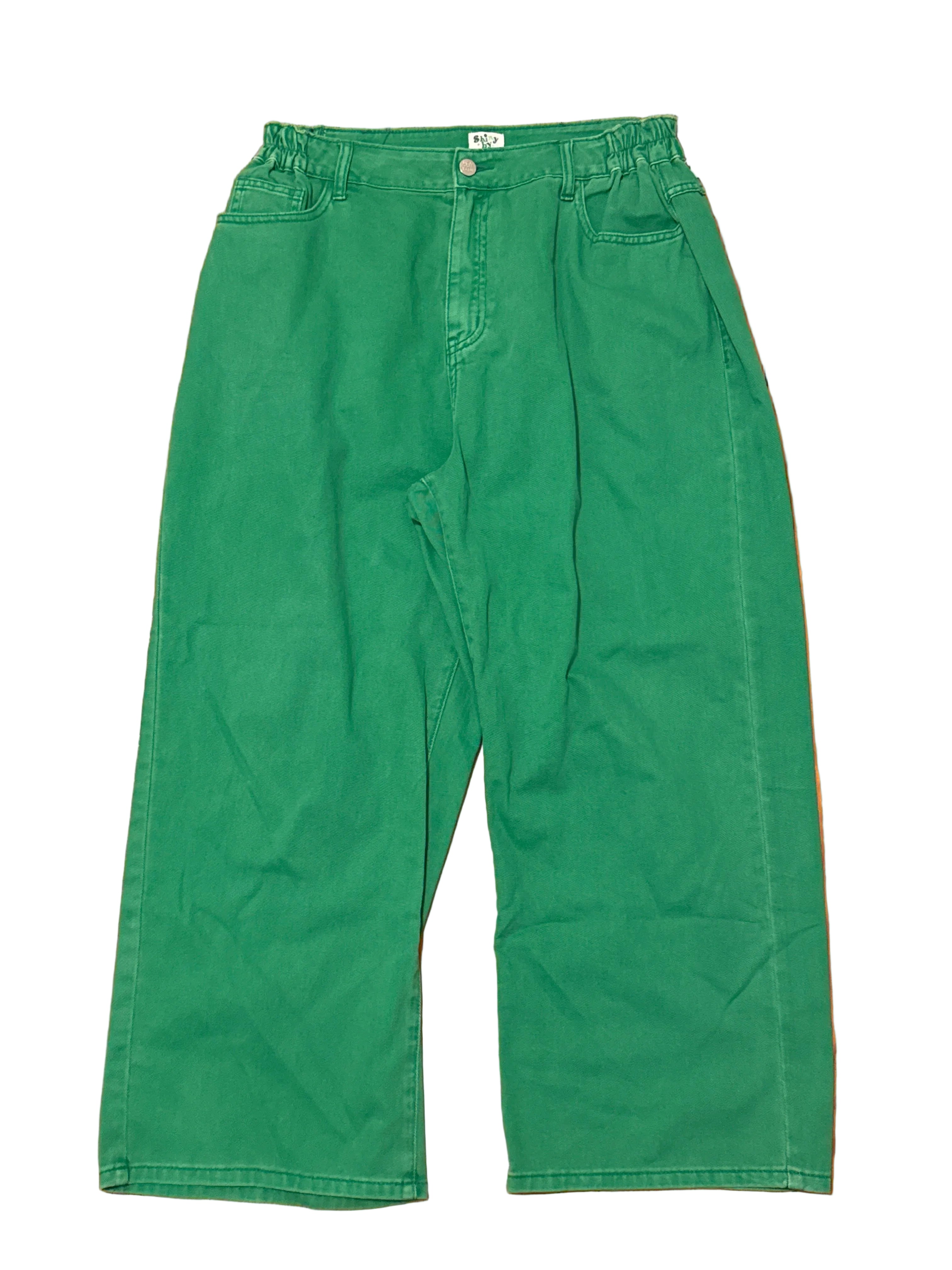 green shiny by nature wide leg pants, L (fits like XL)