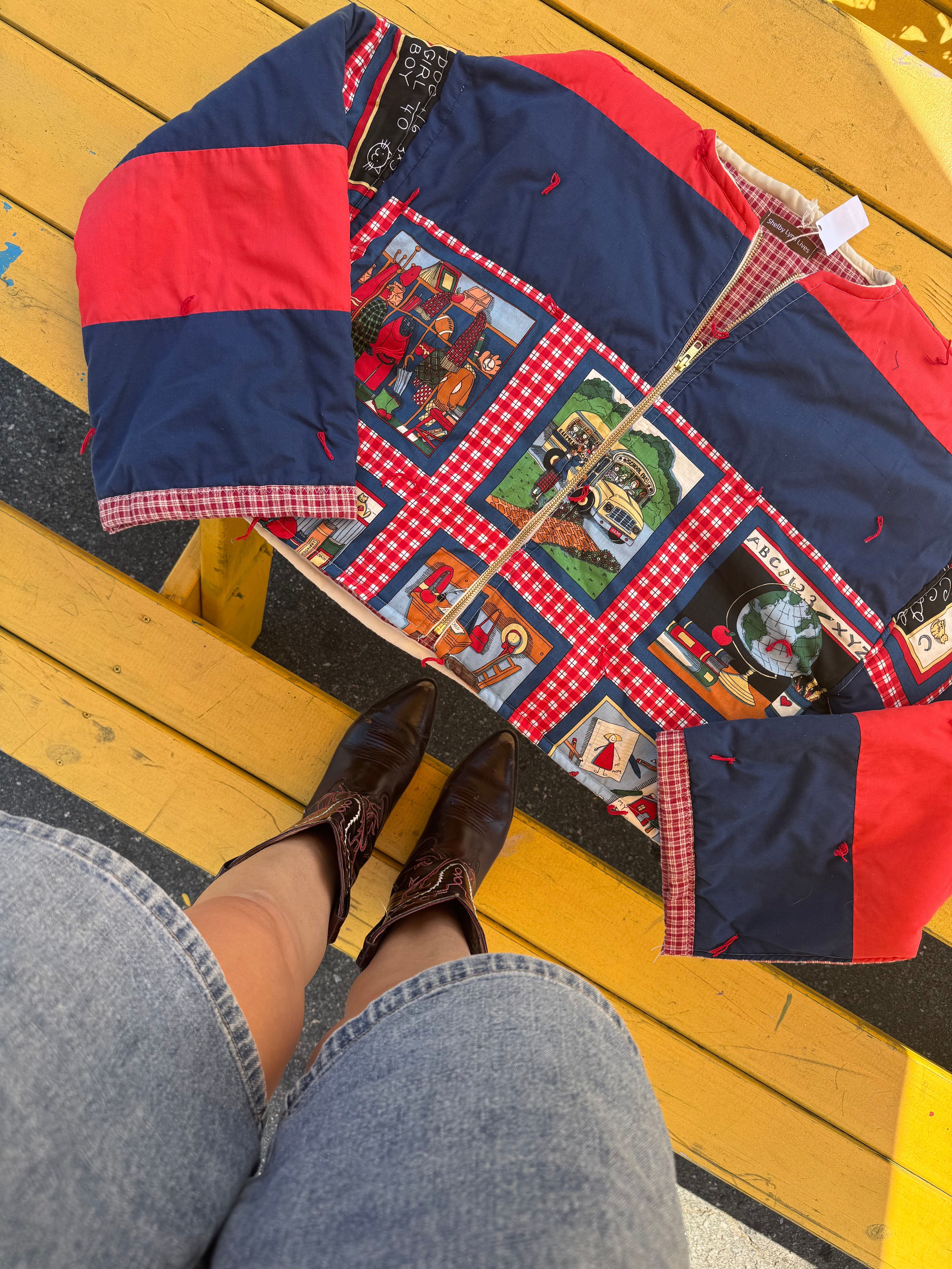 Blue red Shelby Lynn lives Handmade quilted school jacket, L