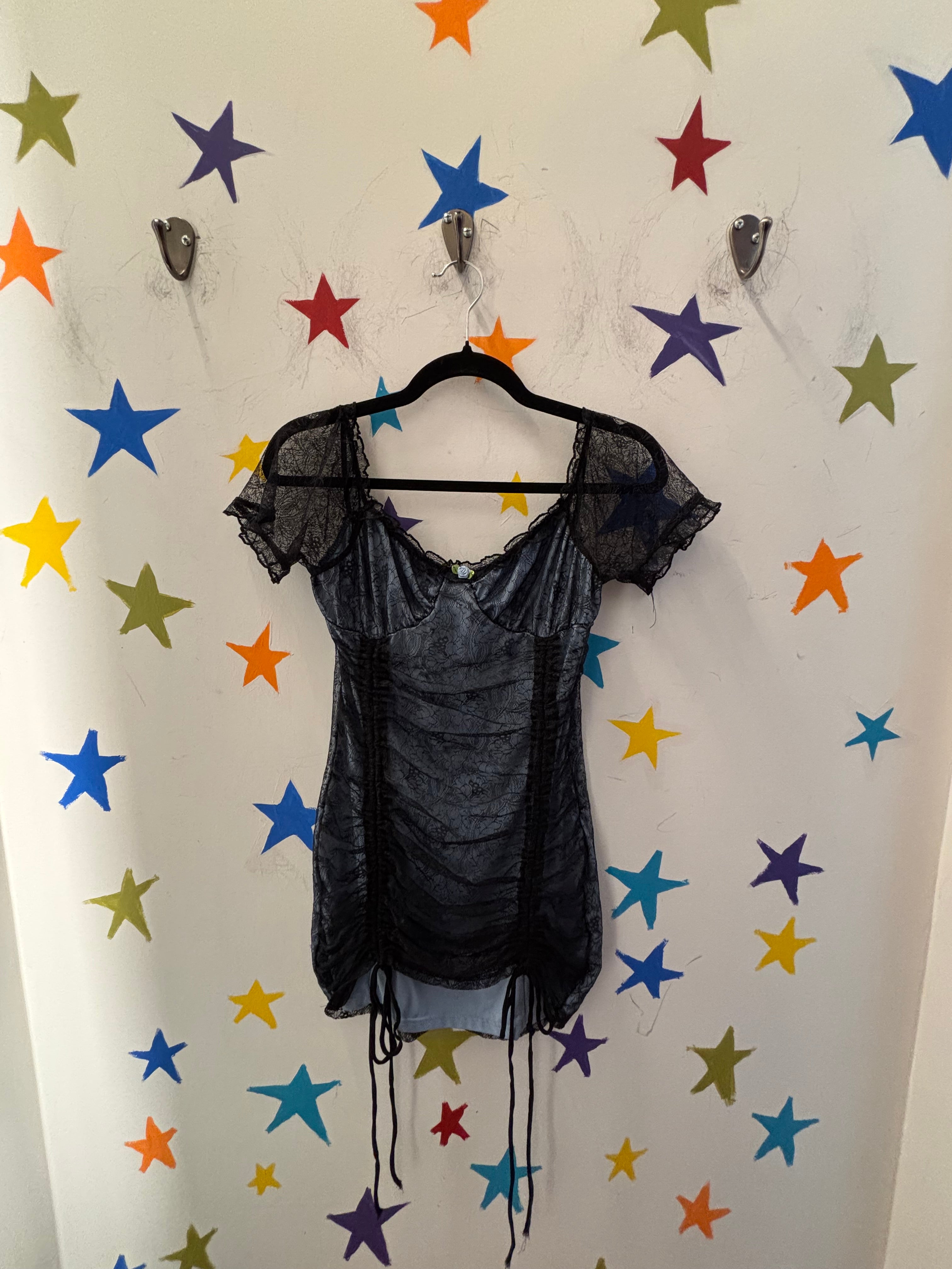 blue black delias lace babydoll mini ruched dress, s