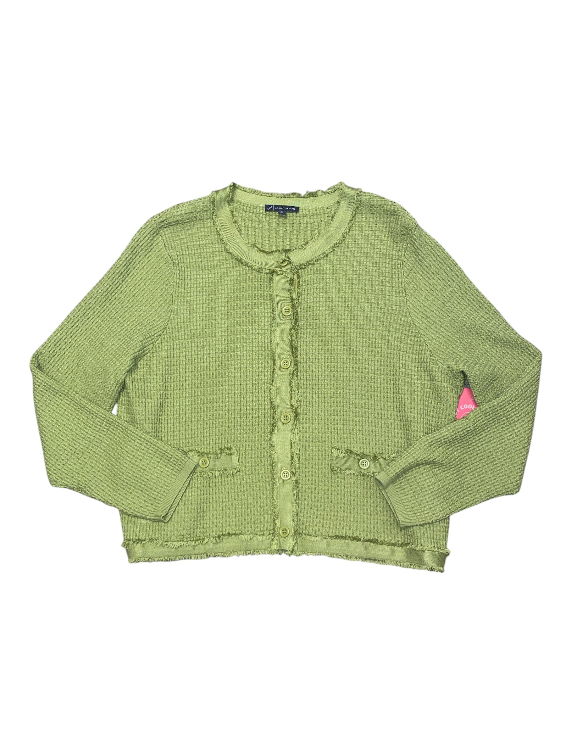 Chartreuse adrianna papell frayed seam waffleknit cardigan, xl