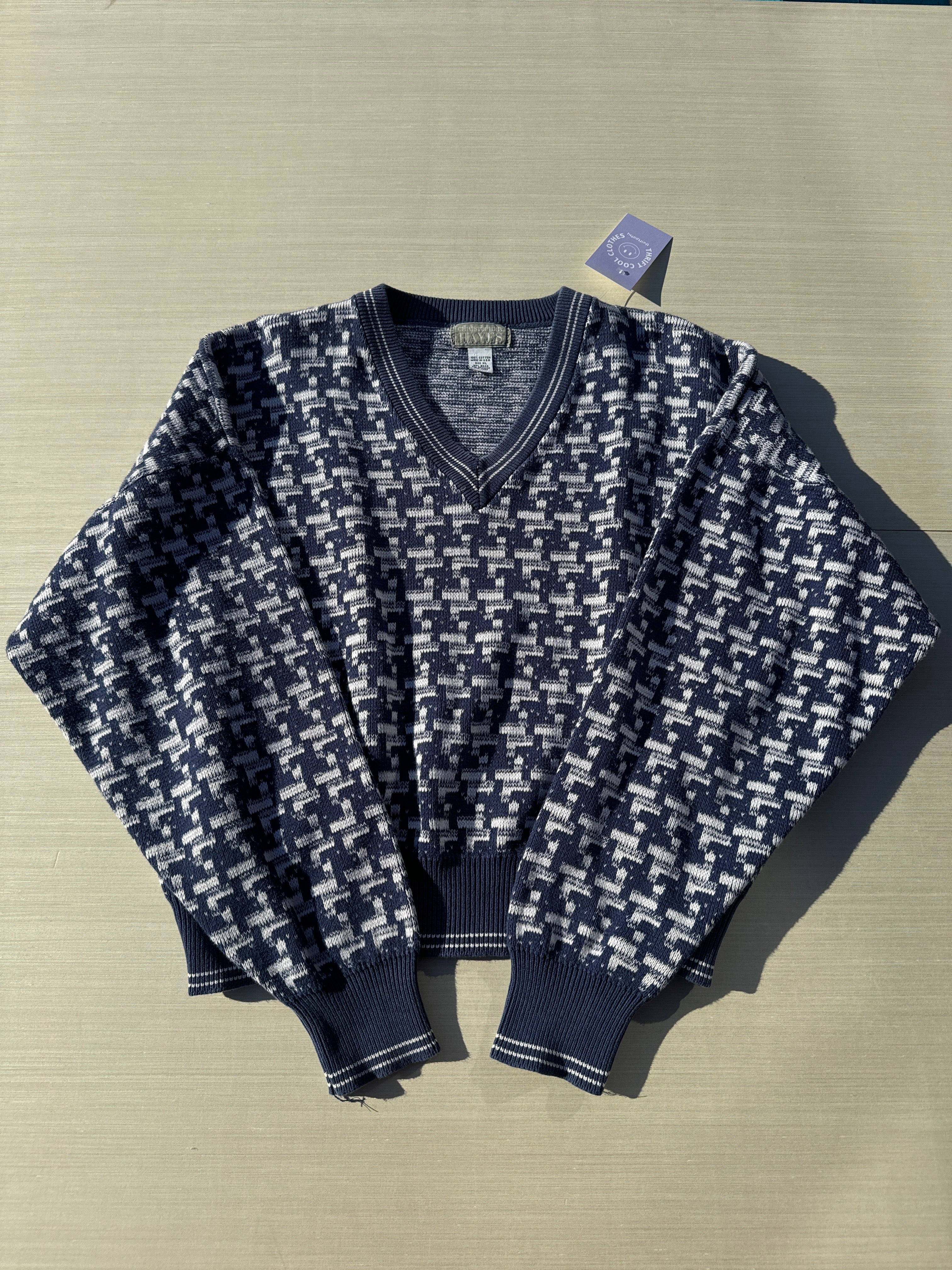 blue white christopher hayes geometric v neck sweater, xl