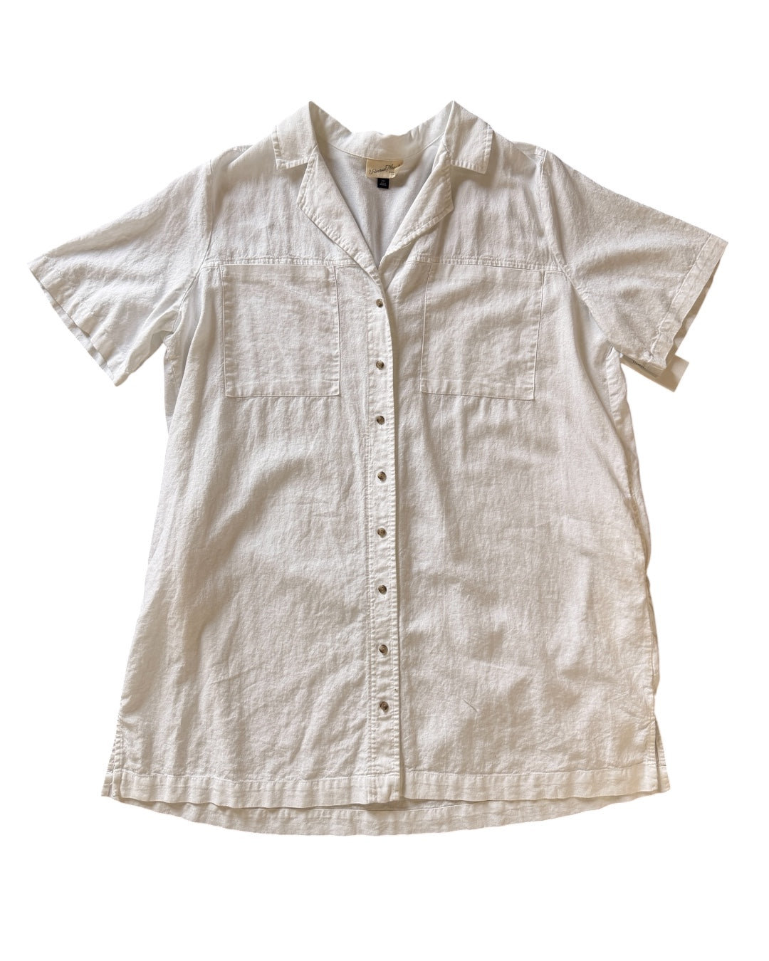 white universal thread pocket button up collar linen dress, xxl