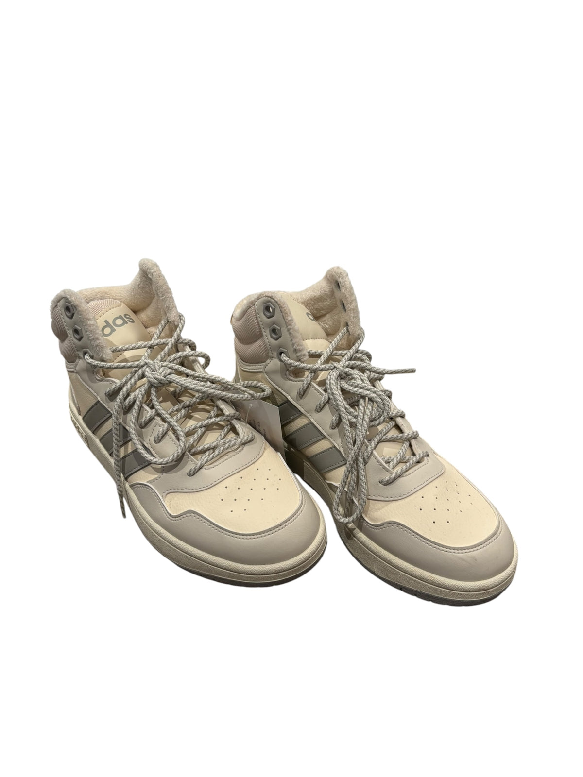 white grey adidas hi top sneakers, 8.5