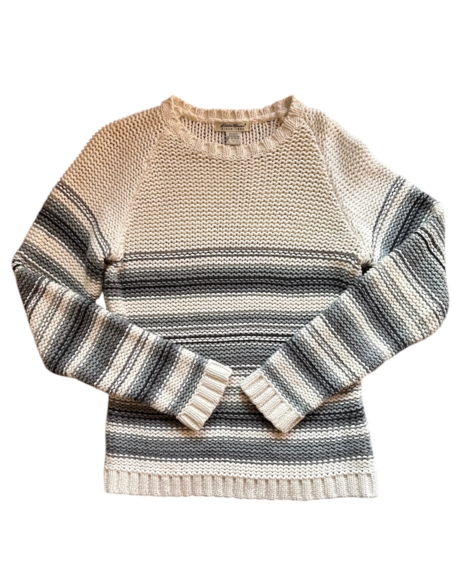 white gray Eddie bauer knit striped sweater, l