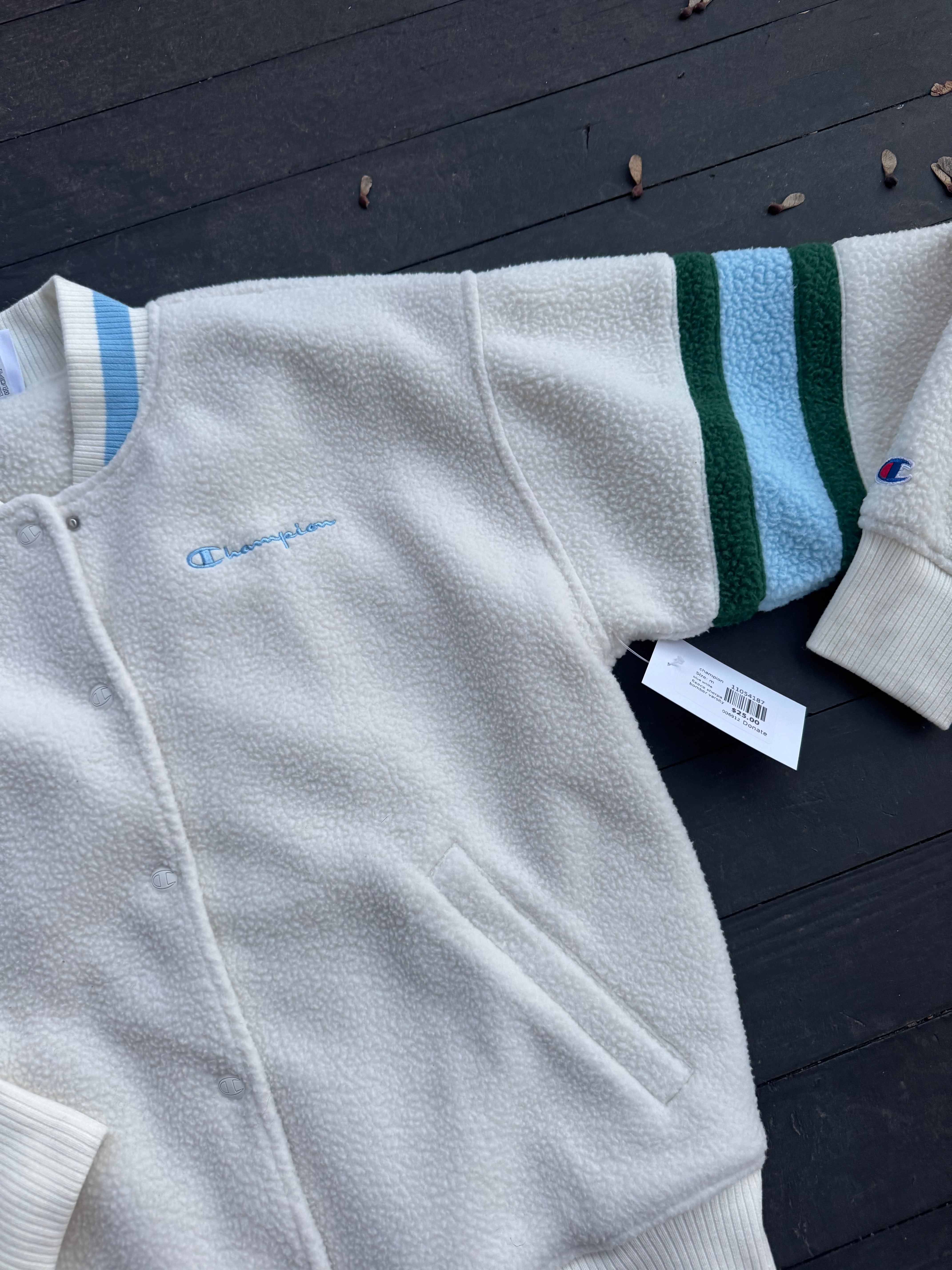 blue white champion fleece sherpa bomber varsity jacker, m